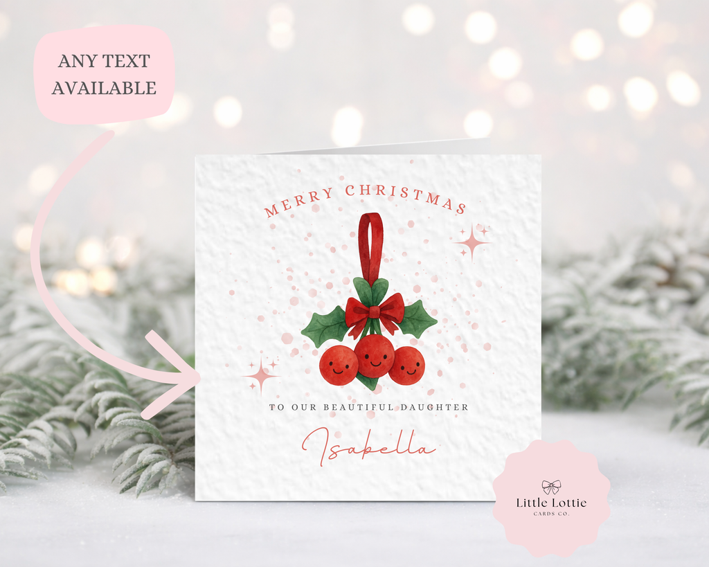 Personalised Christmas Card - Any Name & Relation - Cute Holly Berry Watercolour Amuseable Style