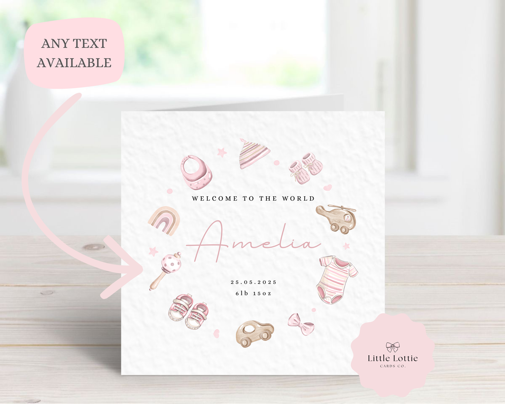 Personalised New Baby Girl Card - Pink Nursery Birth Details - Custom Name, Date & Weight Keepsake