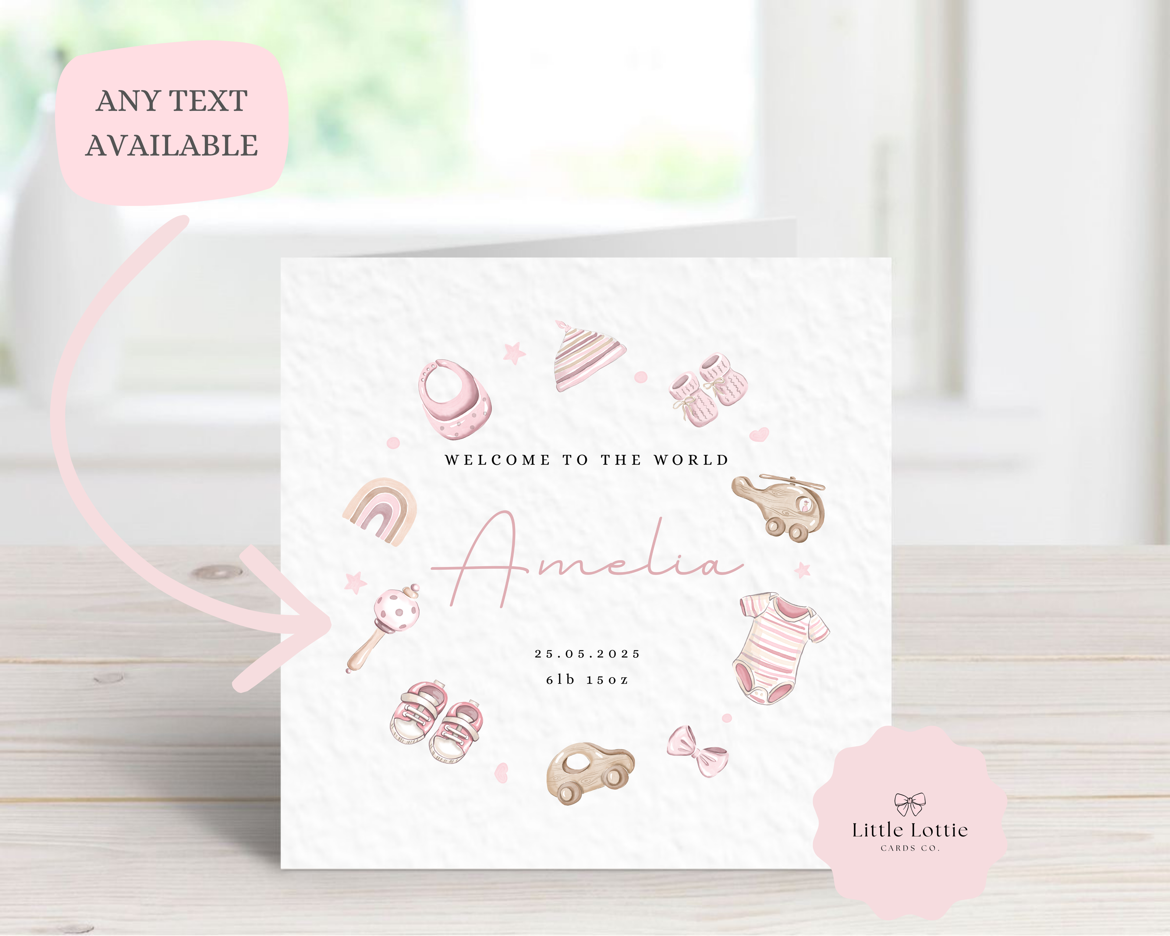 Personalised New Baby Girl Card - Pink Nursery Birth Details - Custom Name, Date & Weight Keepsake