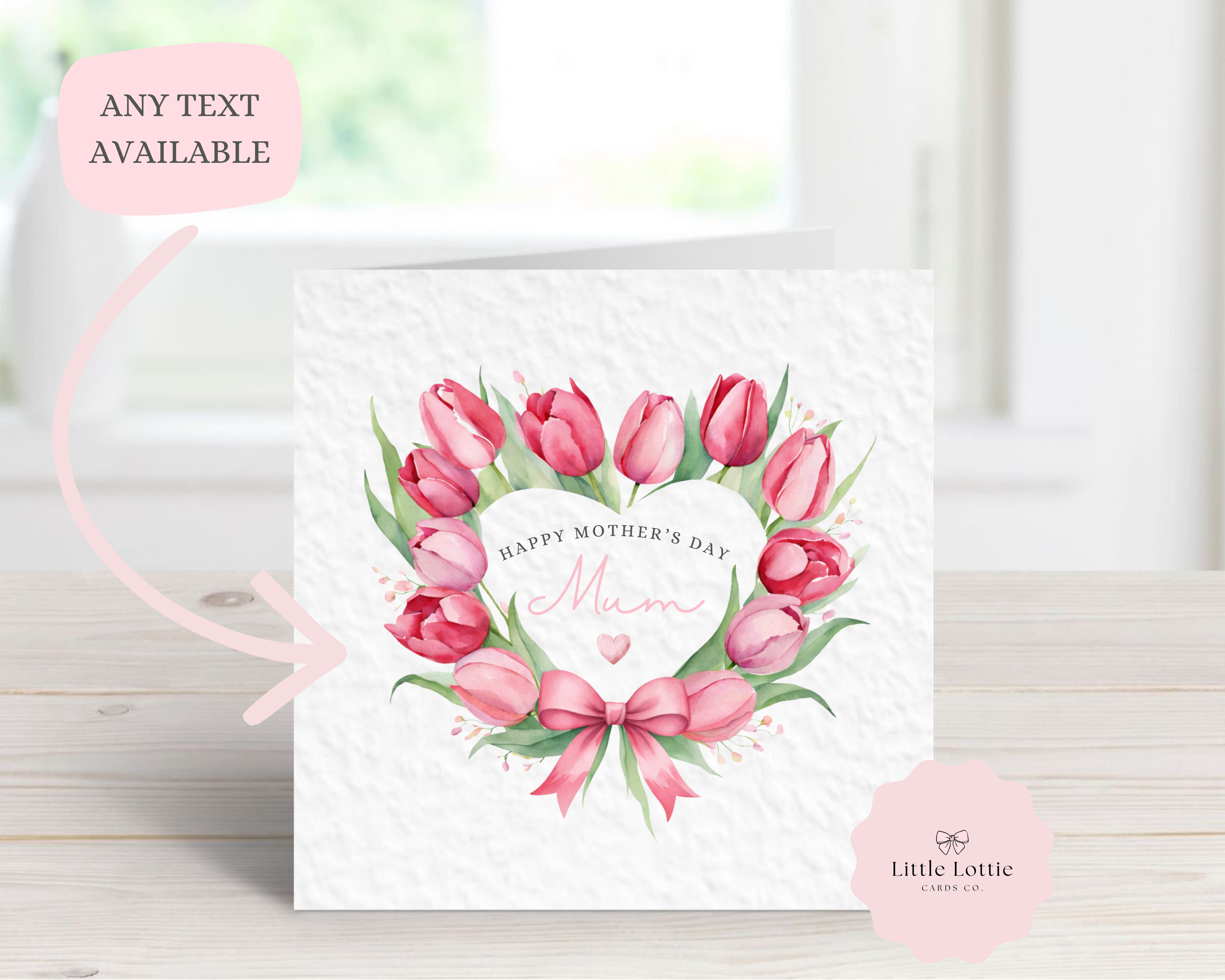 Personalised Mother's Day Card - Any Name & Relation - Luxury Watercolor Pink Tulip Flower Heart Illustration - Custom Card for Mum, Mummy, Nanna, Grandma - Large 6" Square