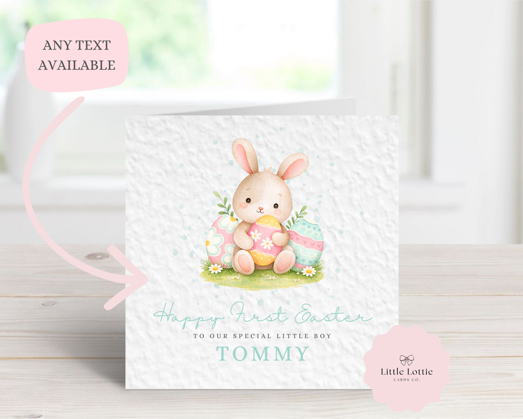 Personalised Easter Card for Boys - Blue Watercolor Bunny & Pastel Eggs - Custom Name - Happy First Easter or Happy Easter - Luxury 6" Square Card for Son, Grandson, Nephew