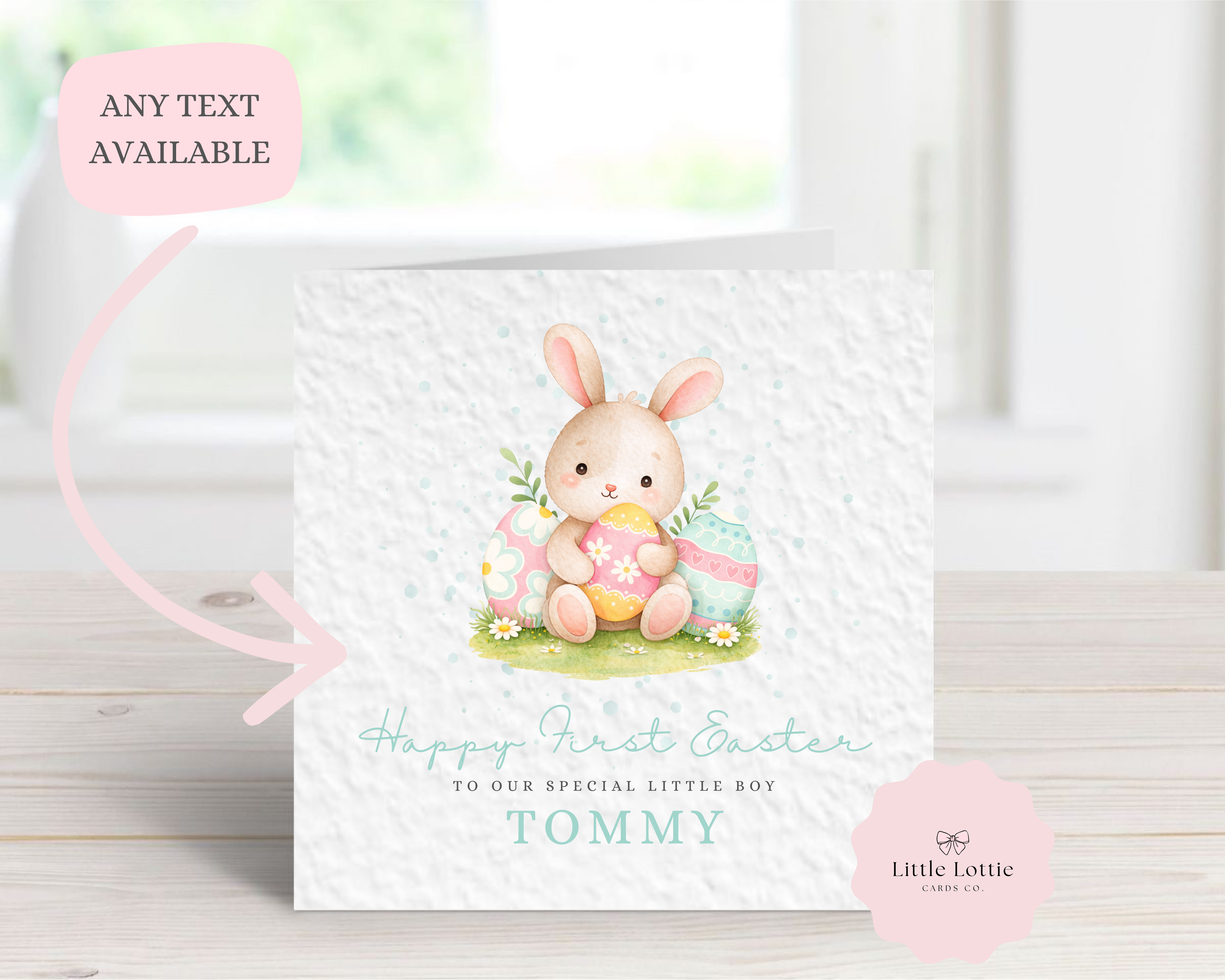 Personalised Easter Card for Boys - Blue Watercolor Bunny & Pastel Eggs - Custom Name - Happy First Easter or Happy Easter - Luxury 6" Square Card for Son, Grandson, Nephew