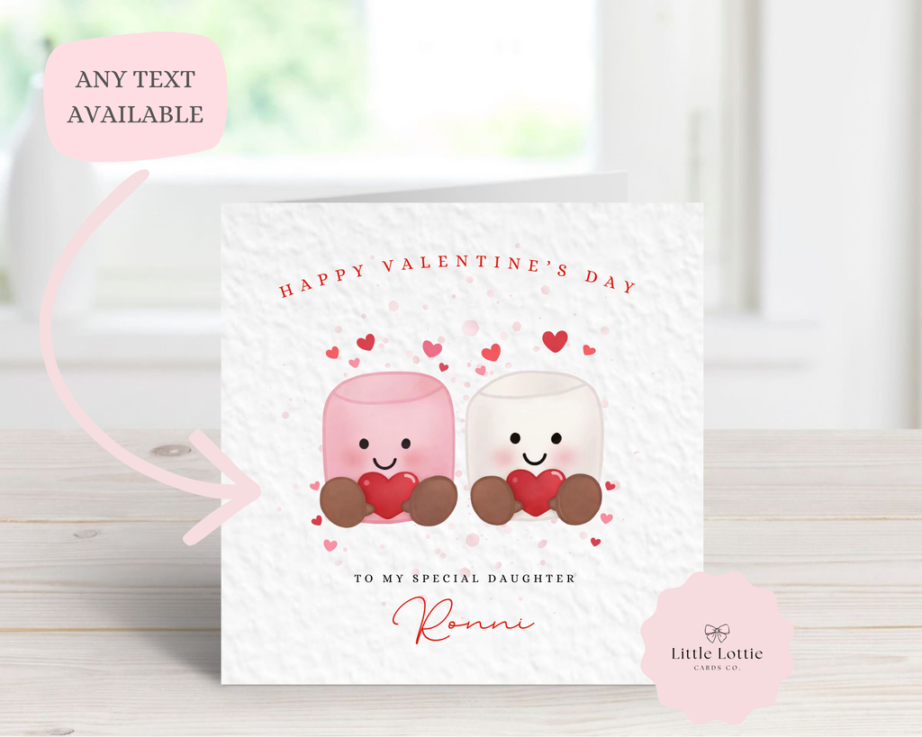 Personalised Valentine’s Day Card - Any Name & Relation - Cute Hot Chocolate Marshmallow Illustration - Custom Card for Daughter, Son, Girlfriend or Boyfriend