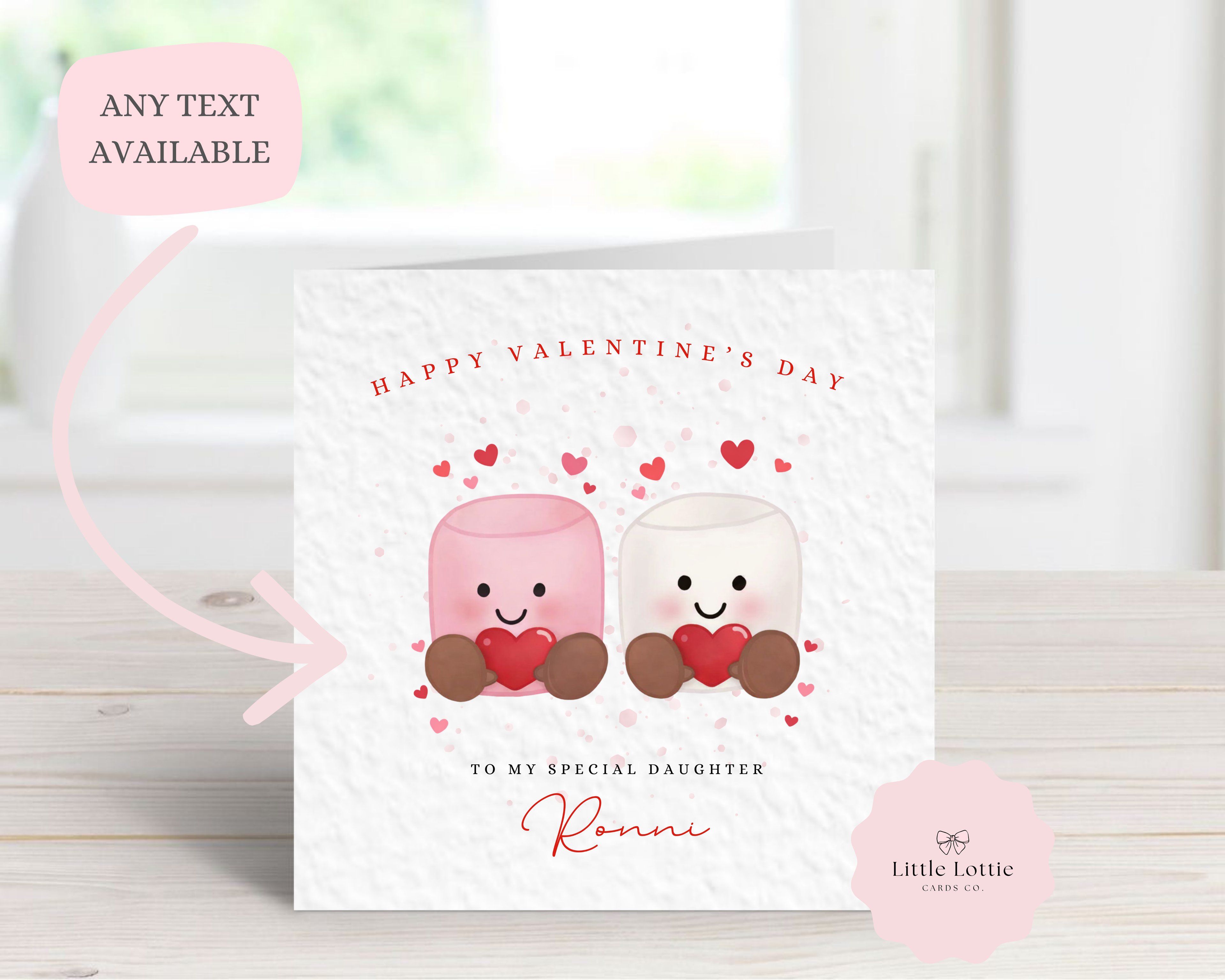 Personalised Valentine’s Day Card - Any Name & Relation - Cute Hot Chocolate Marshmallow Illustration - Custom Card for Daughter, Son, Girlfriend or Boyfriend