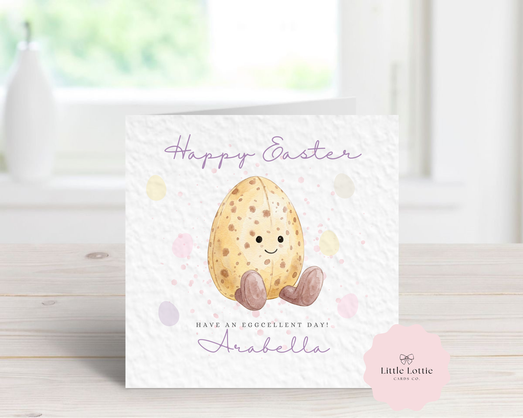Personalised "Eggcellent Day" Easter Card - Watercolour Yellow Speckled Mini Egg Design - Custom Name - Fun Easter Card for Kids, Daughter, Son, Grandchildren - Luxury 6" Square