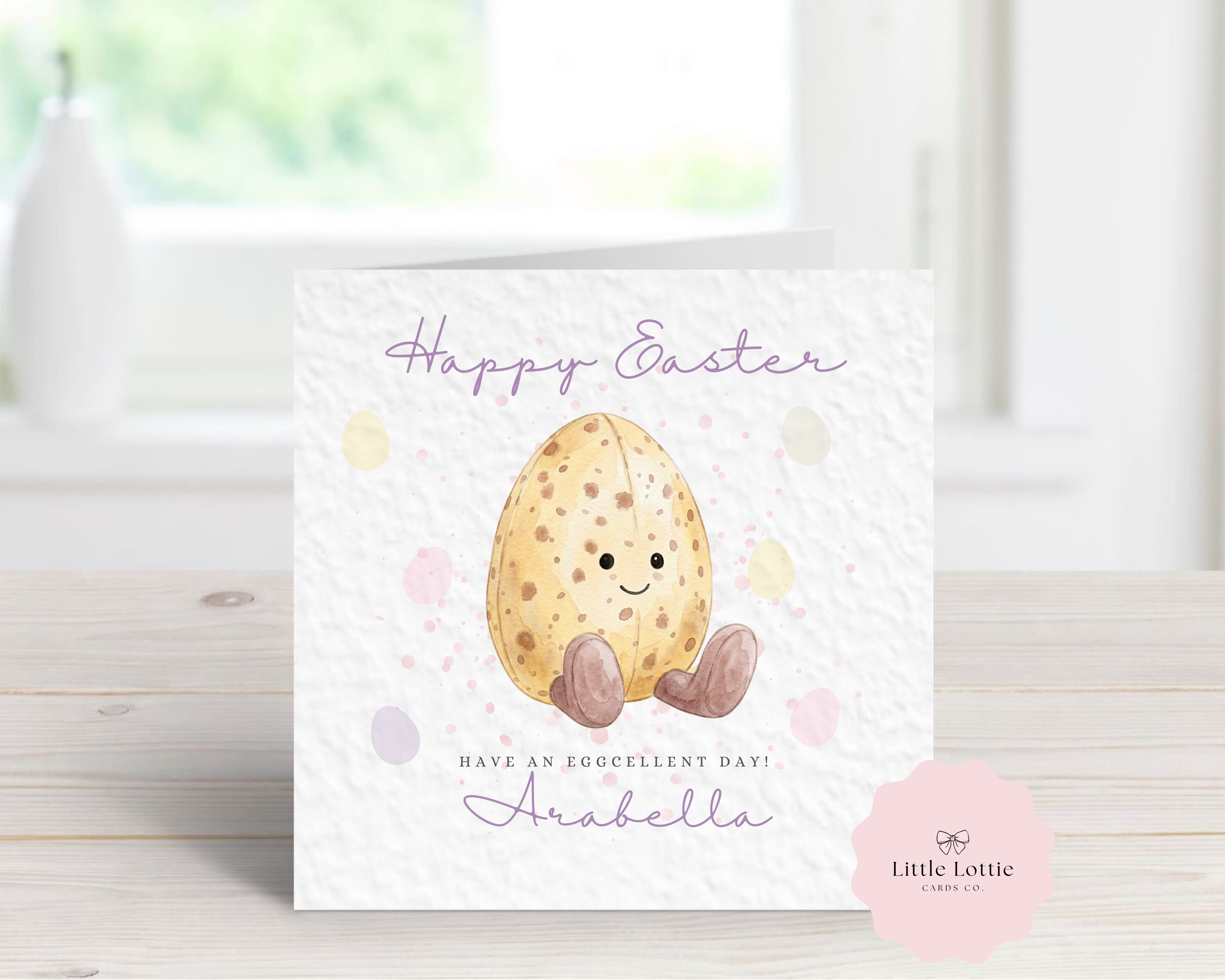 Personalised "Eggcellent Day" Easter Card - Watercolour Yellow Speckled Mini Egg Design - Custom Name - Fun Easter Card for Kids, Daughter, Son, Grandchildren - Luxury 6" Square