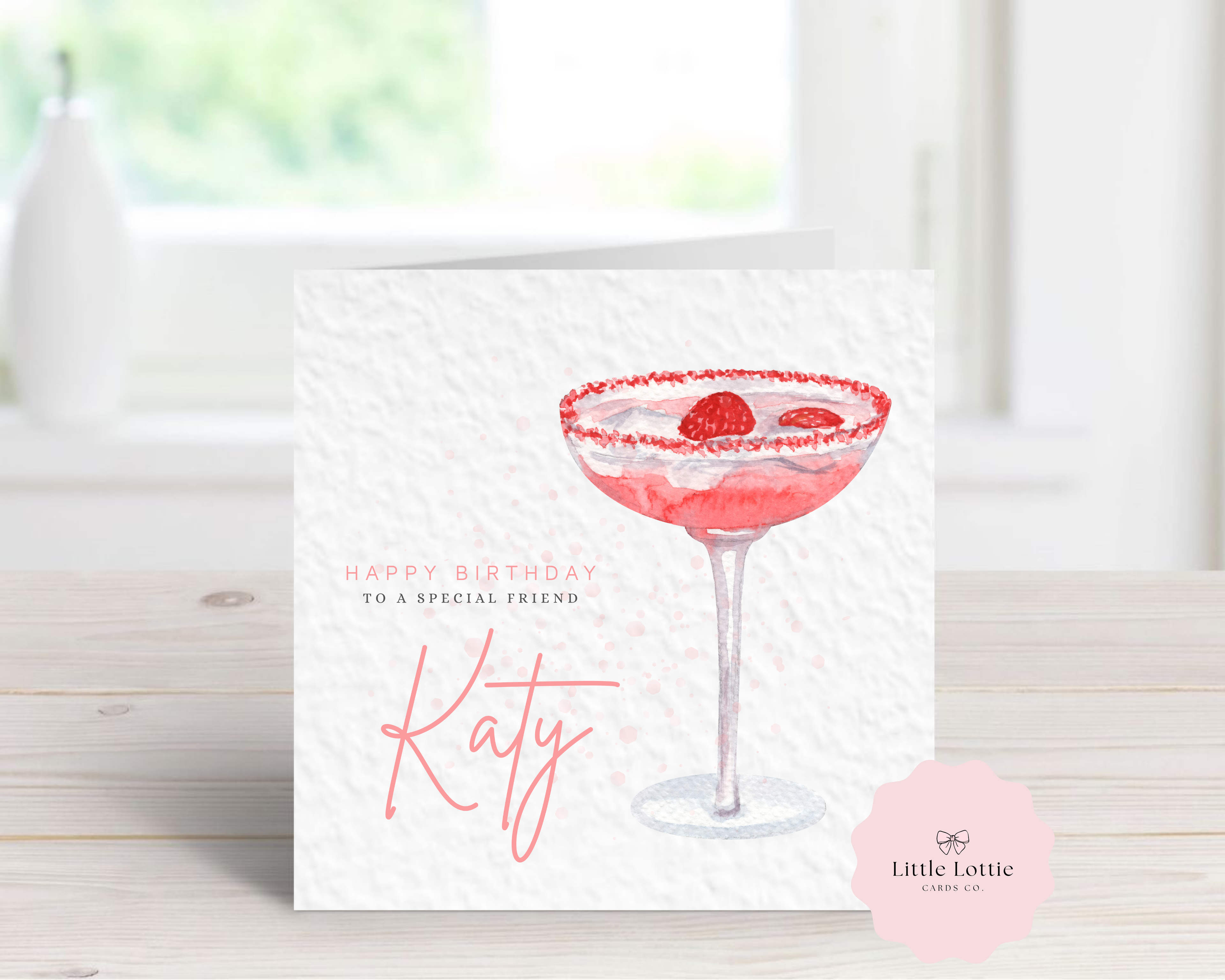 Personalised Strawberry Daiquiri Birthday Card - Any Name & Relation - Luxury Pink Watercolor Cocktail Illustration - Custom "Happy Birthday" Friend Card - Large 6" Square