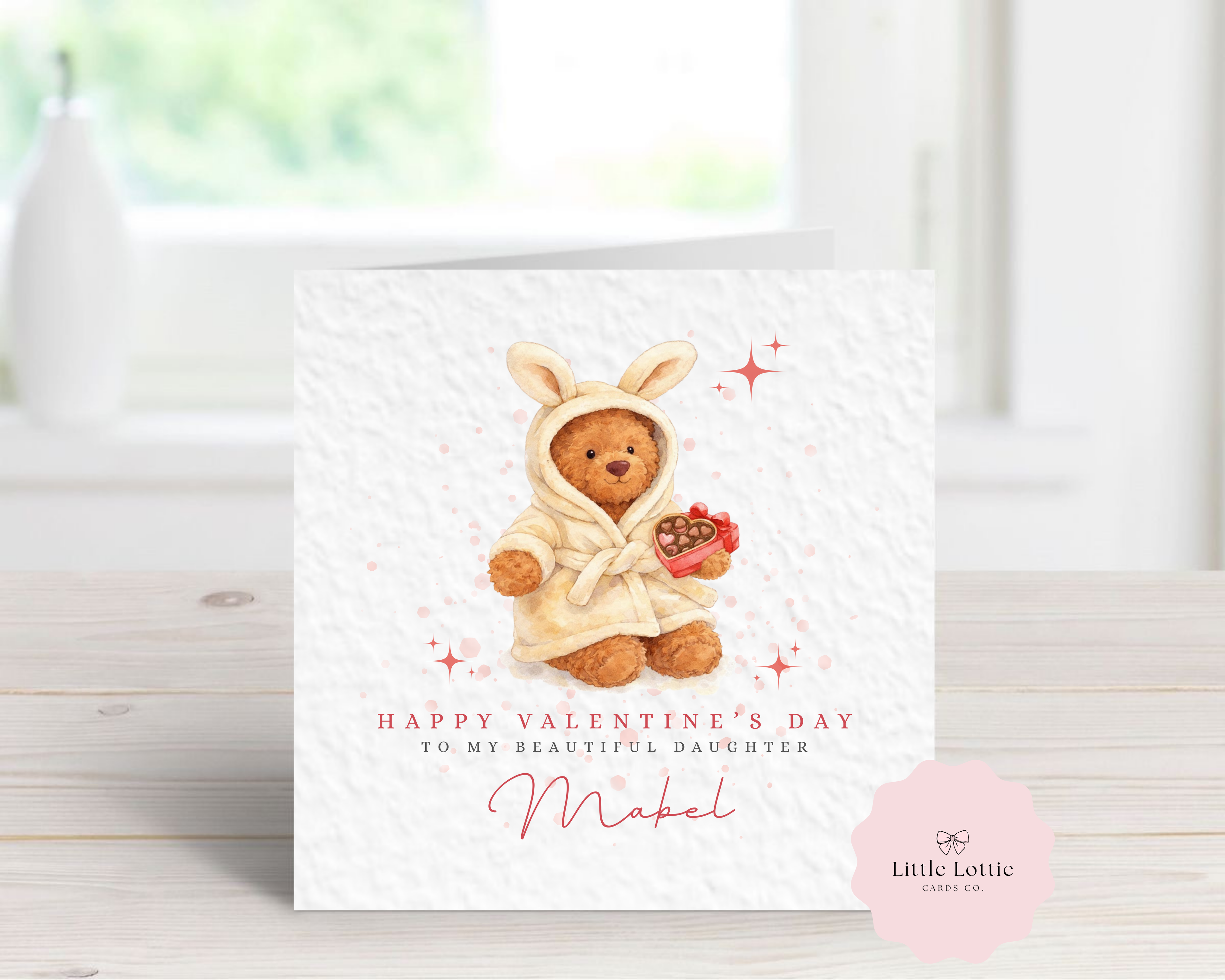 Personalised Valentine’s Day Card - Any Name & Relation - Cute Teddy Bear in Dressing Gown - Custom Card for Daughter, Son, Granddaughter or Girlfriend