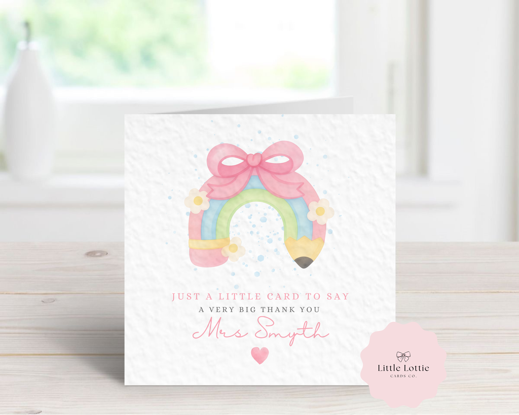 Personalised Rainbow Pencil Teacher Thank You Card - Custom Name Watercolour Stationery Design