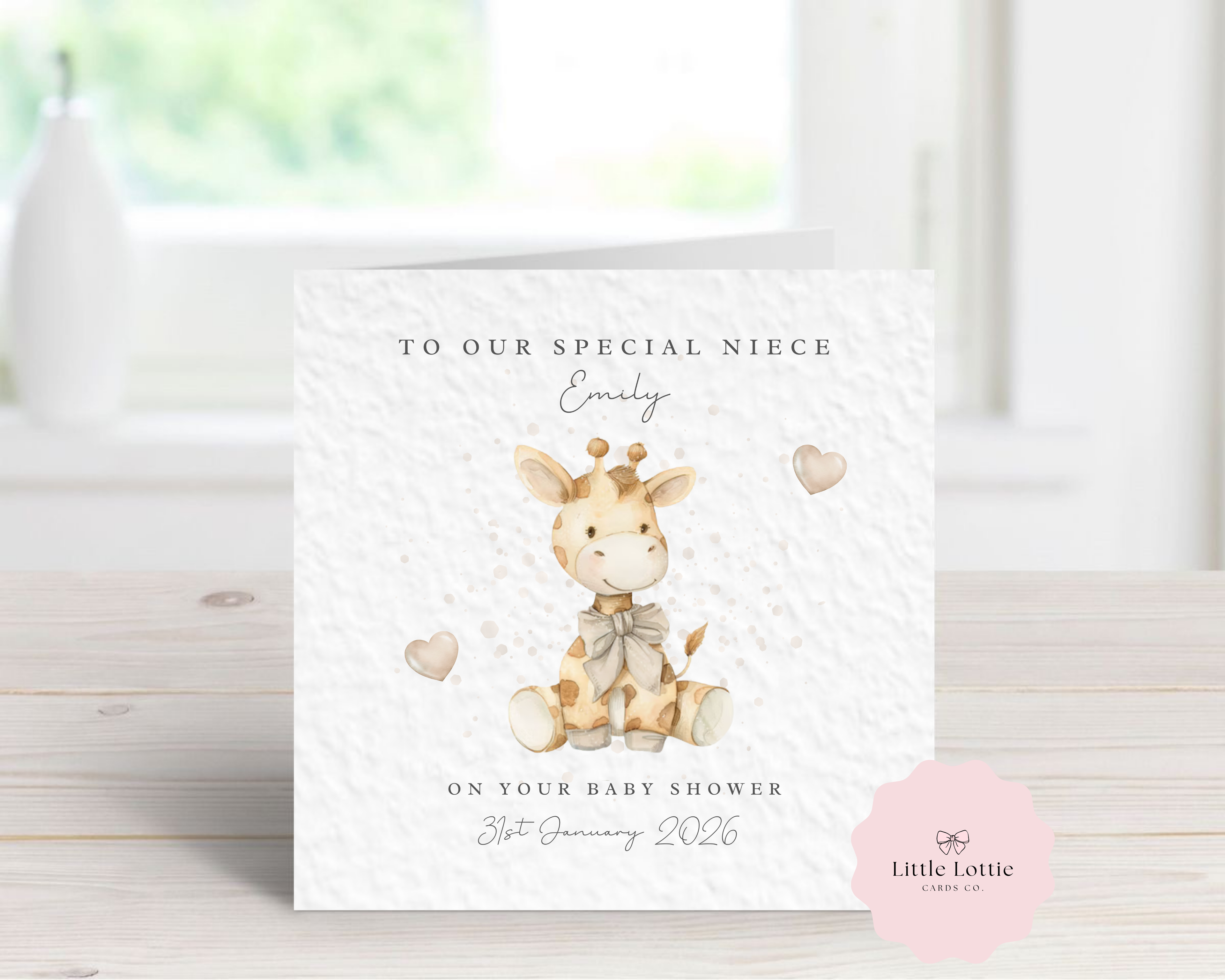 Personalised Baby Shower Card for Niece, Daughter or Friend - Any Name, Date & Relation - Cute Watercolor Giraffe - Custom New Baby Card