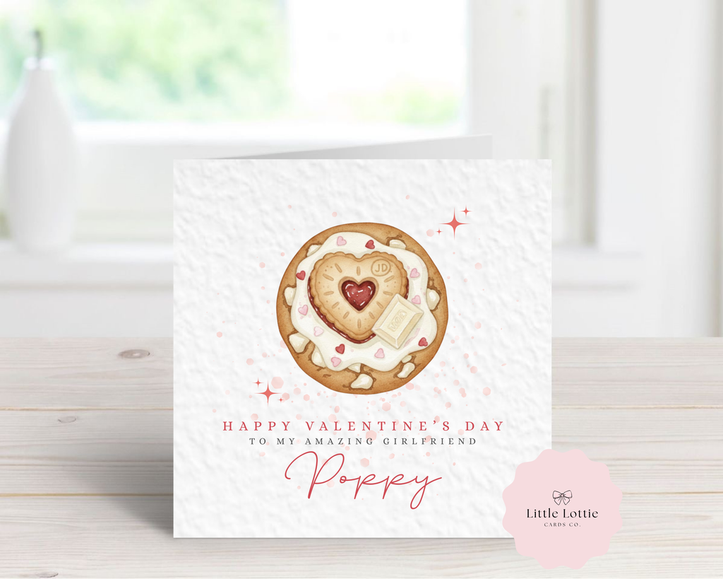 Personalised Valentine’s Day Card - Any Name & Relation - Cute Jammy Dodger Cookie Illustration - Custom Girlfriend, Wife or Fiancée Card