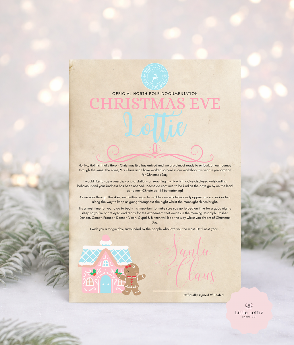 Personalised A4 Santa Letter - Pink Gingerbread House Design - Luxury Antiqued Paper