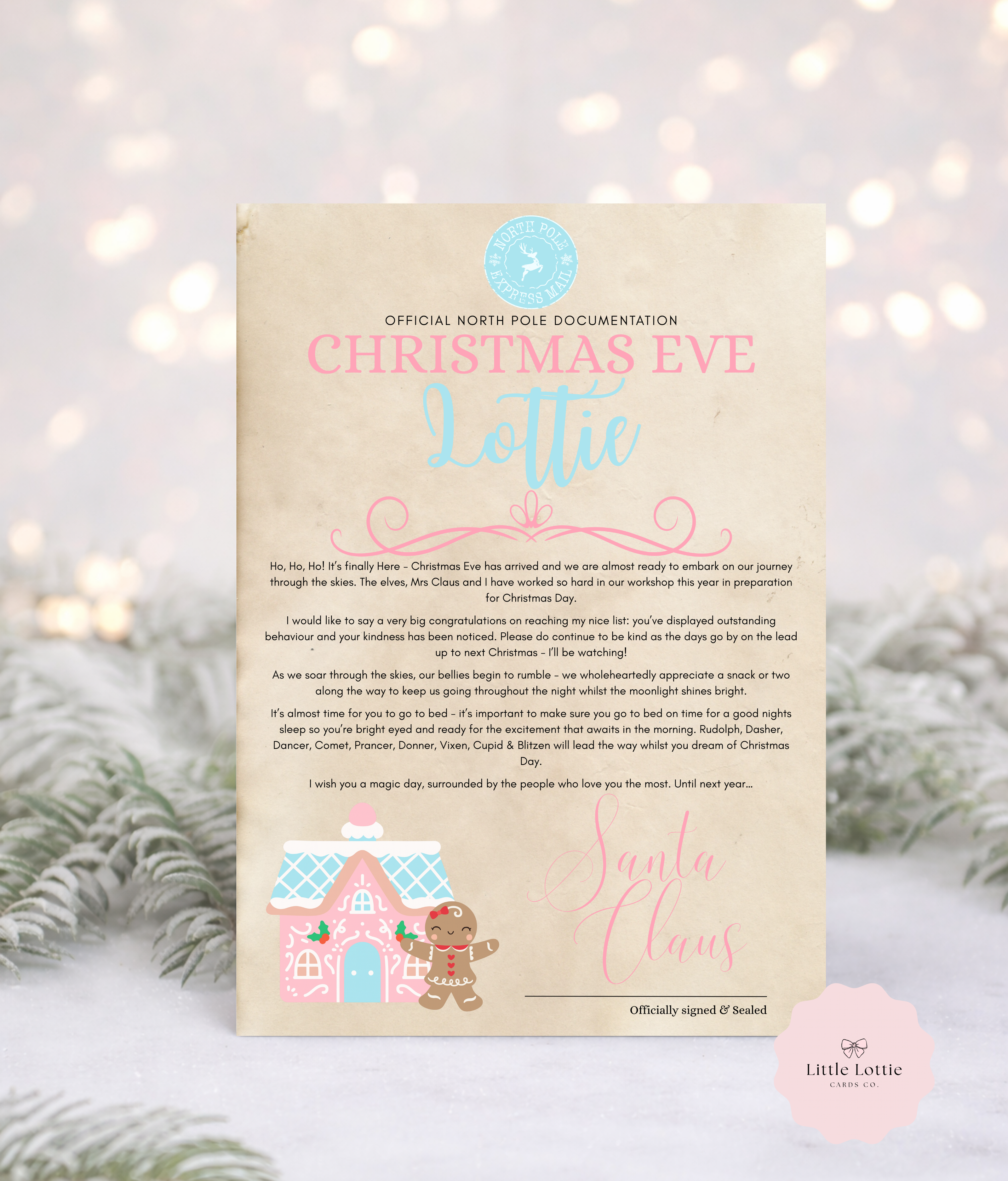 Personalised A4 Santa Letter - Pink Gingerbread House Design - Luxury Antiqued Paper
