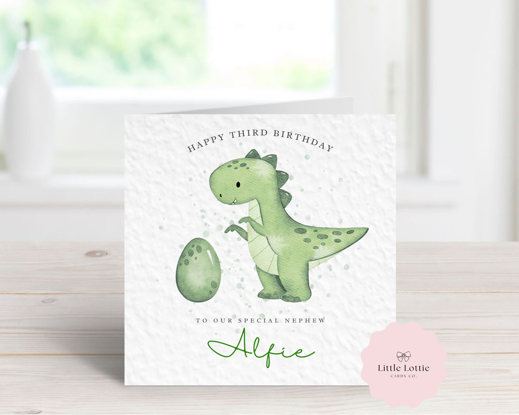 Personalised Dinosaur Birthday Card - Cute Watercolour T-Rex & Egg Illustration