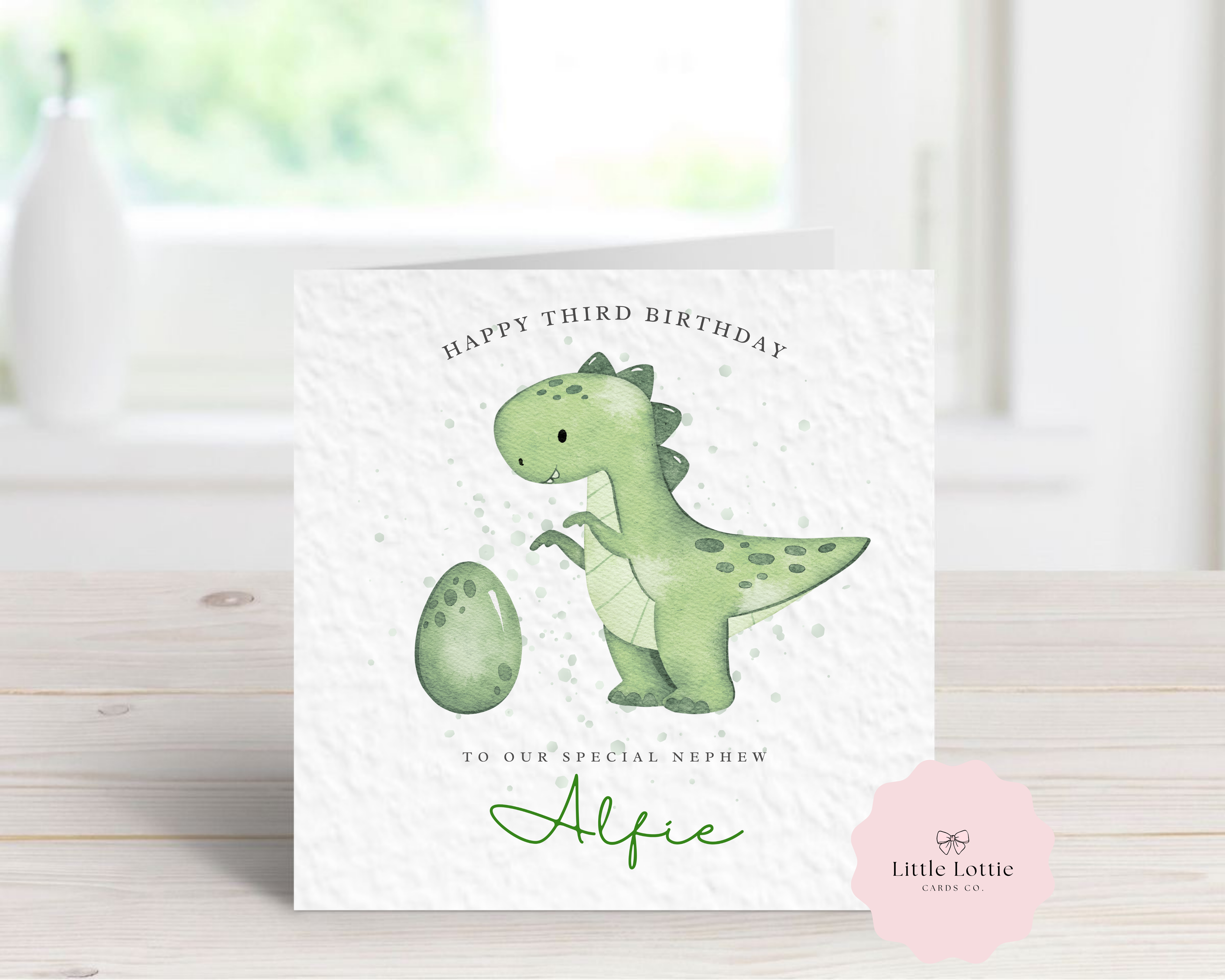 Personalised Dinosaur Birthday Card - Cute Watercolour T-Rex & Egg Illustration