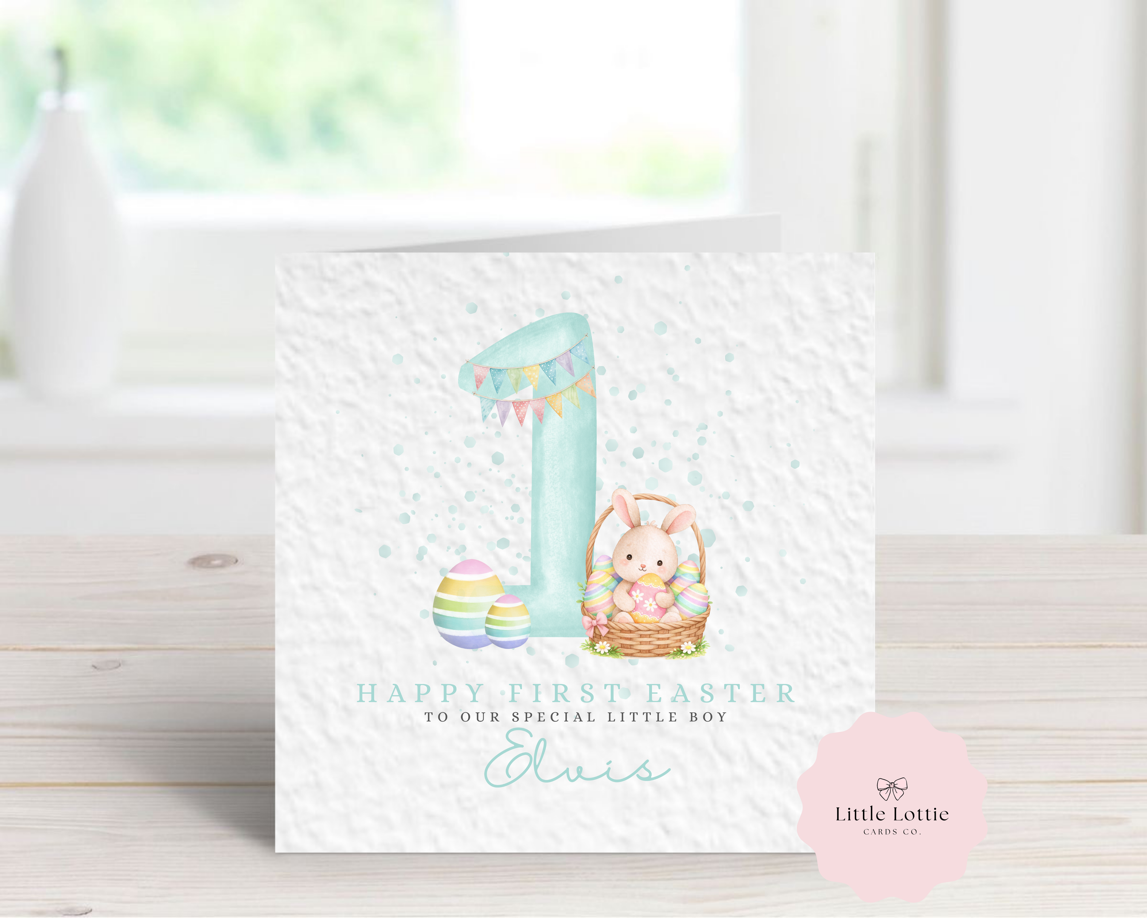 Personalised Happy First Easter Card - Special Little Boy - Baby's 1st Easter - Bunny and Eggs Design - Add Any Name
