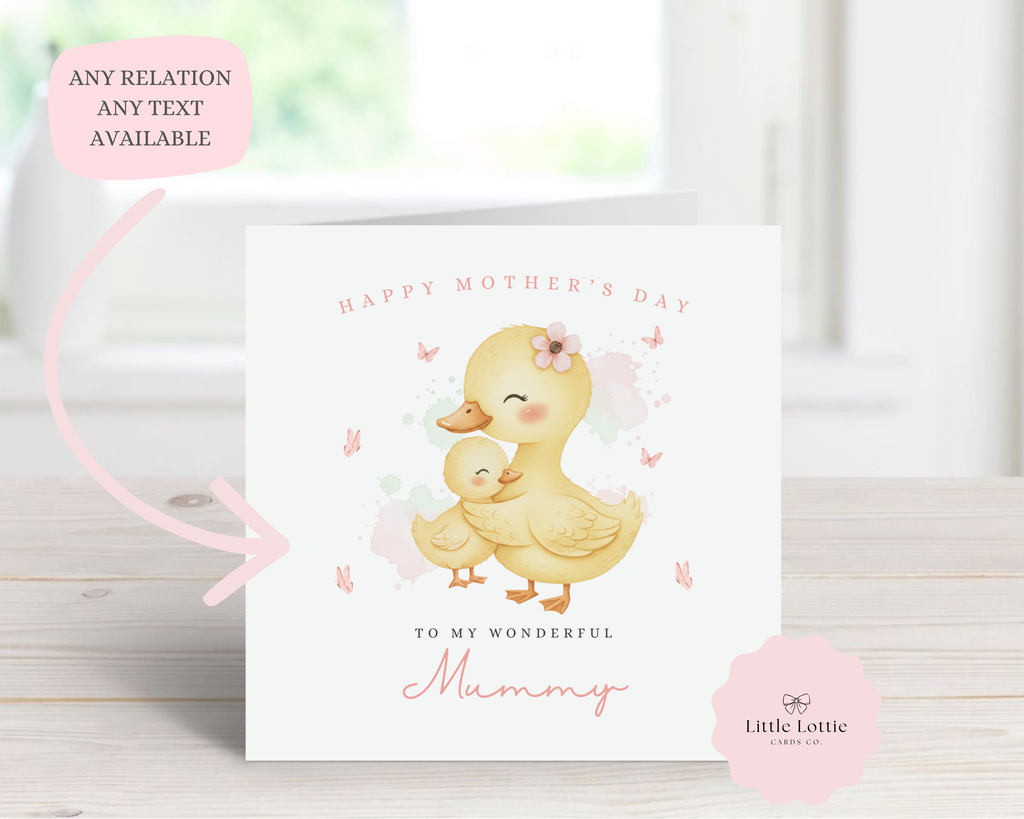 Personalised Mother's Day Card - Watercolor Mummy & Duckling Hug Design - Custom Name & Relation - Luxury 6" Square Card for Mum, Mummy, Nan - Any Text Available