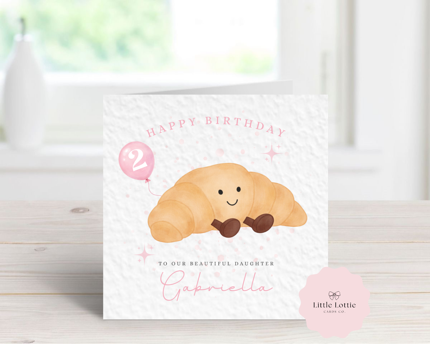 Personalised Children’s Birthday Card - Watercolor Croissant with Pink Balloon - Any Name, Age & Relation - Custom Card for Daughter, Niece, Granddaughter - Large 6" Square