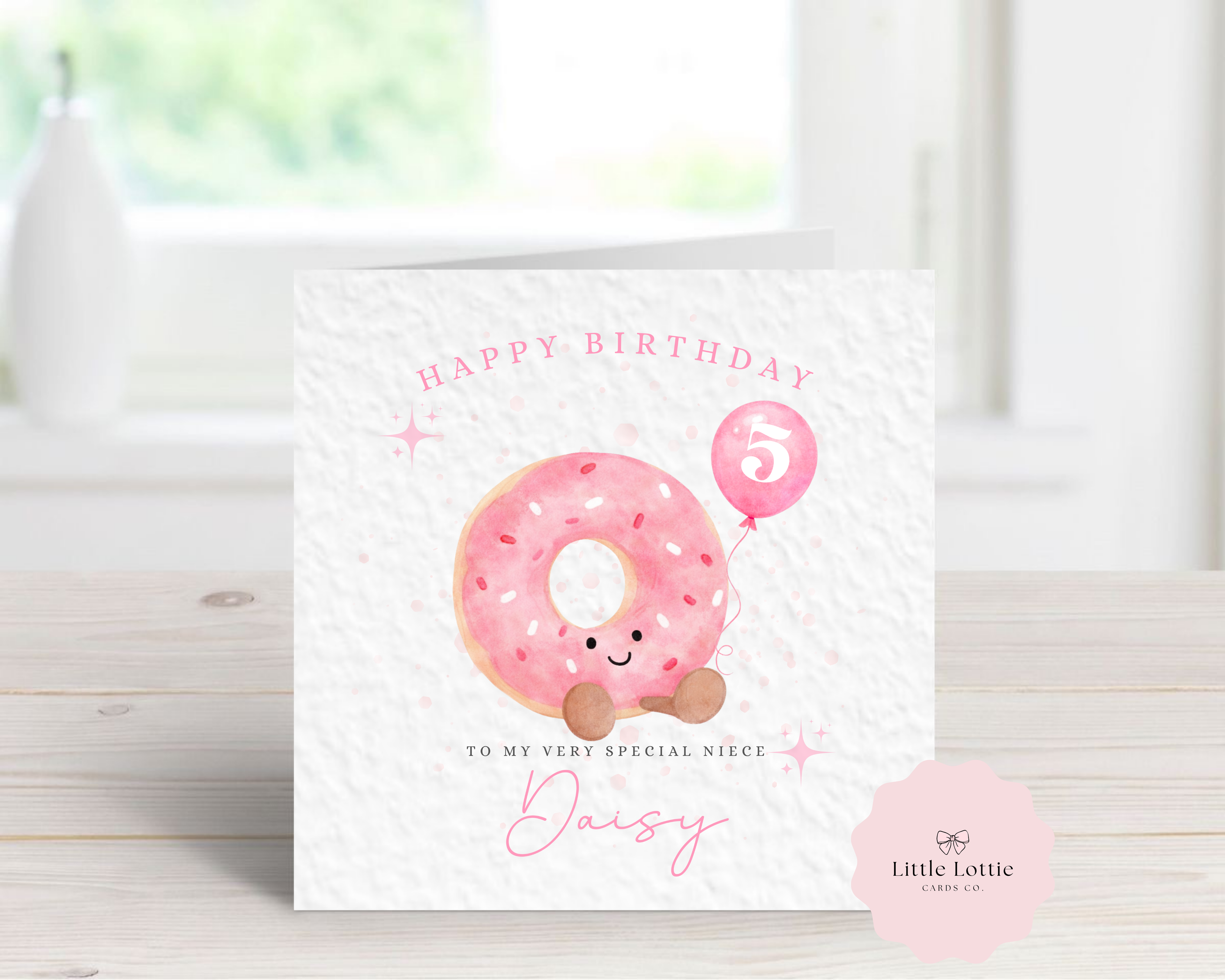 Personalised Birthday Card for Girls - Any Name, Age & Relation - Cute Pink Donut - Custom Card for Daughter, Niece, Granddaughter
