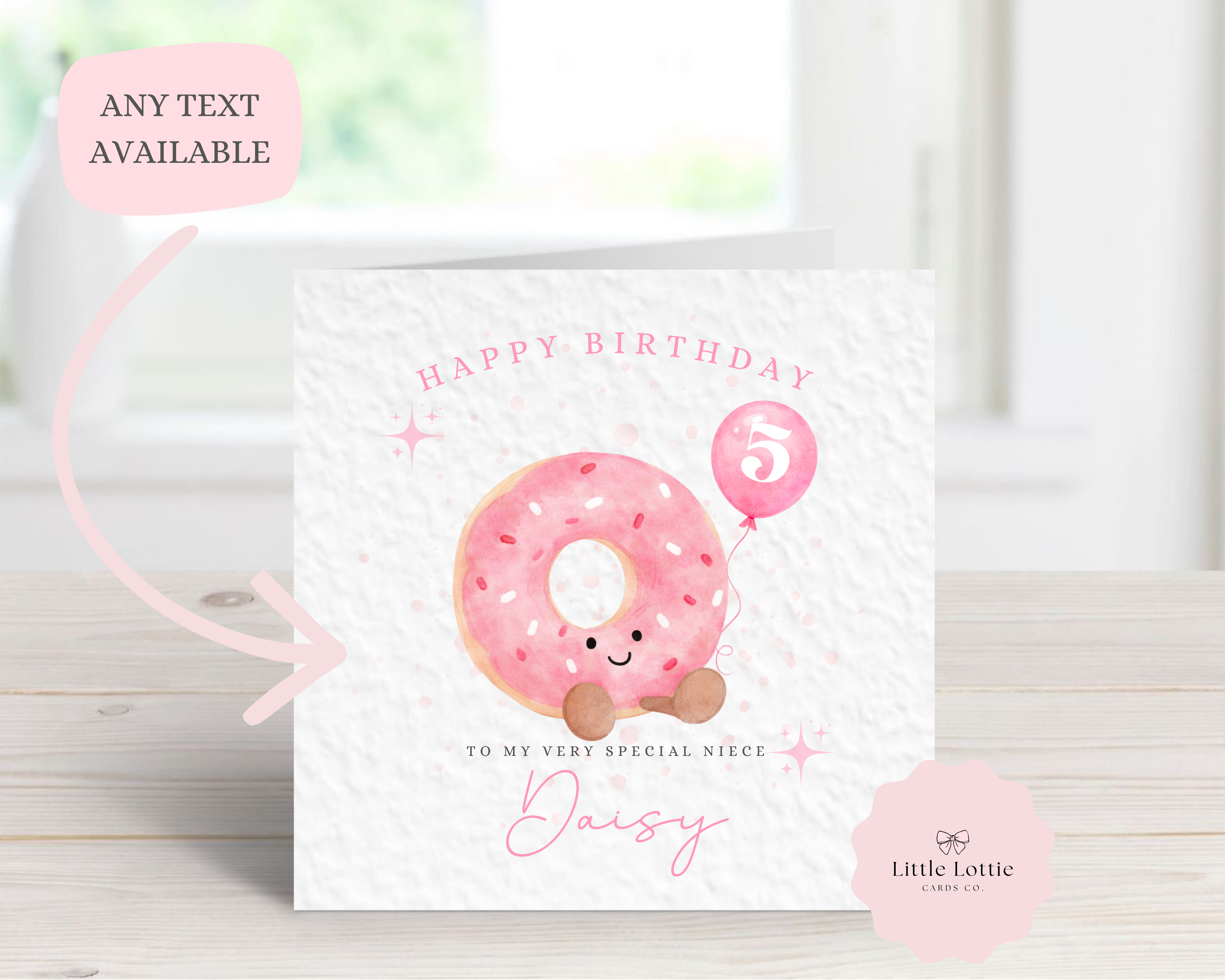 Personalised Birthday Card for Girls - Any Name, Age & Relation - Cute Pink Donut - Custom Card for Daughter, Niece, Granddaughter