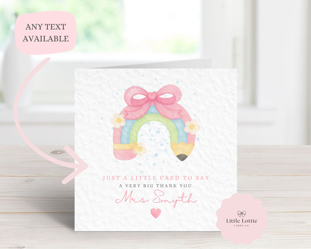 Personalised Rainbow Pencil Teacher Thank You Card - Custom Name Watercolour Stationery Design