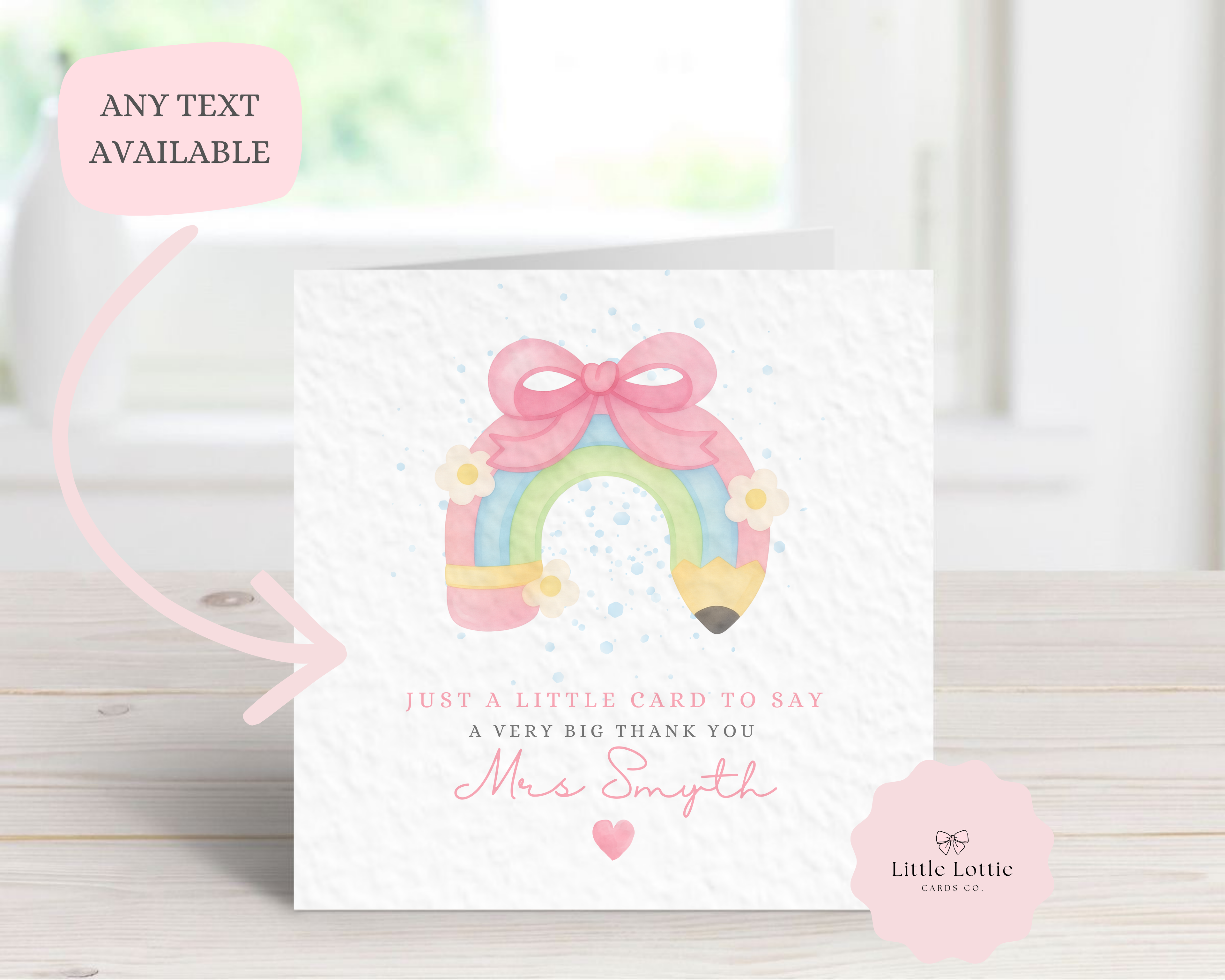 Personalised Rainbow Pencil Teacher Thank You Card - Custom Name Watercolour Stationery Design