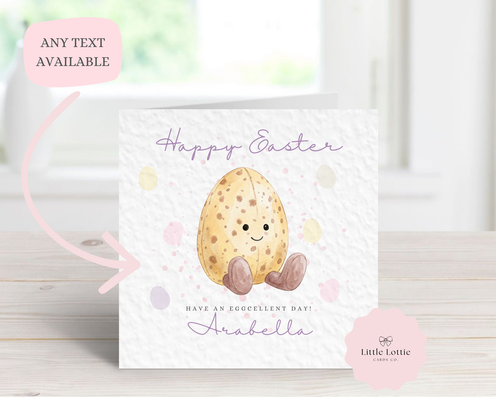 Personalised "Eggcellent Day" Easter Card - Watercolour Yellow Speckled Mini Egg Design - Custom Name - Fun Easter Card for Kids, Daughter, Son, Grandchildren - Luxury 6" Square