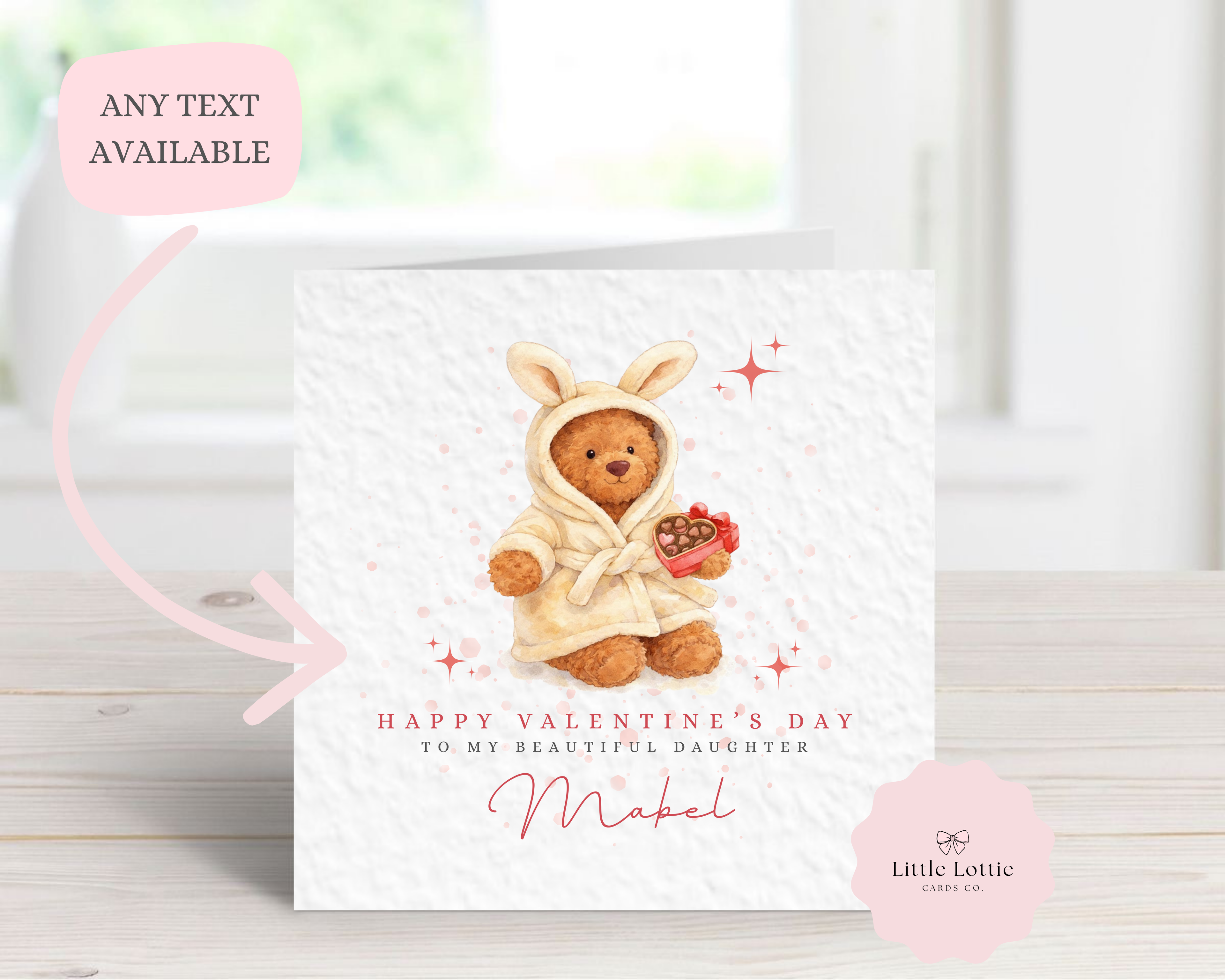 Personalised Valentine’s Day Card - Any Name & Relation - Cute Teddy Bear in Dressing Gown - Custom Card for Daughter, Son, Granddaughter or Girlfriend