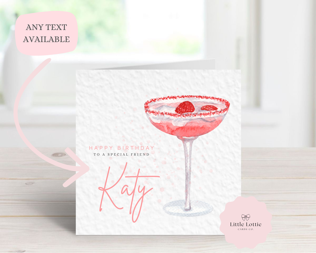 Personalised Strawberry Daiquiri Birthday Card - Any Name & Relation - Luxury Pink Watercolor Cocktail Illustration - Custom "Happy Birthday" Friend Card - Large 6" Square