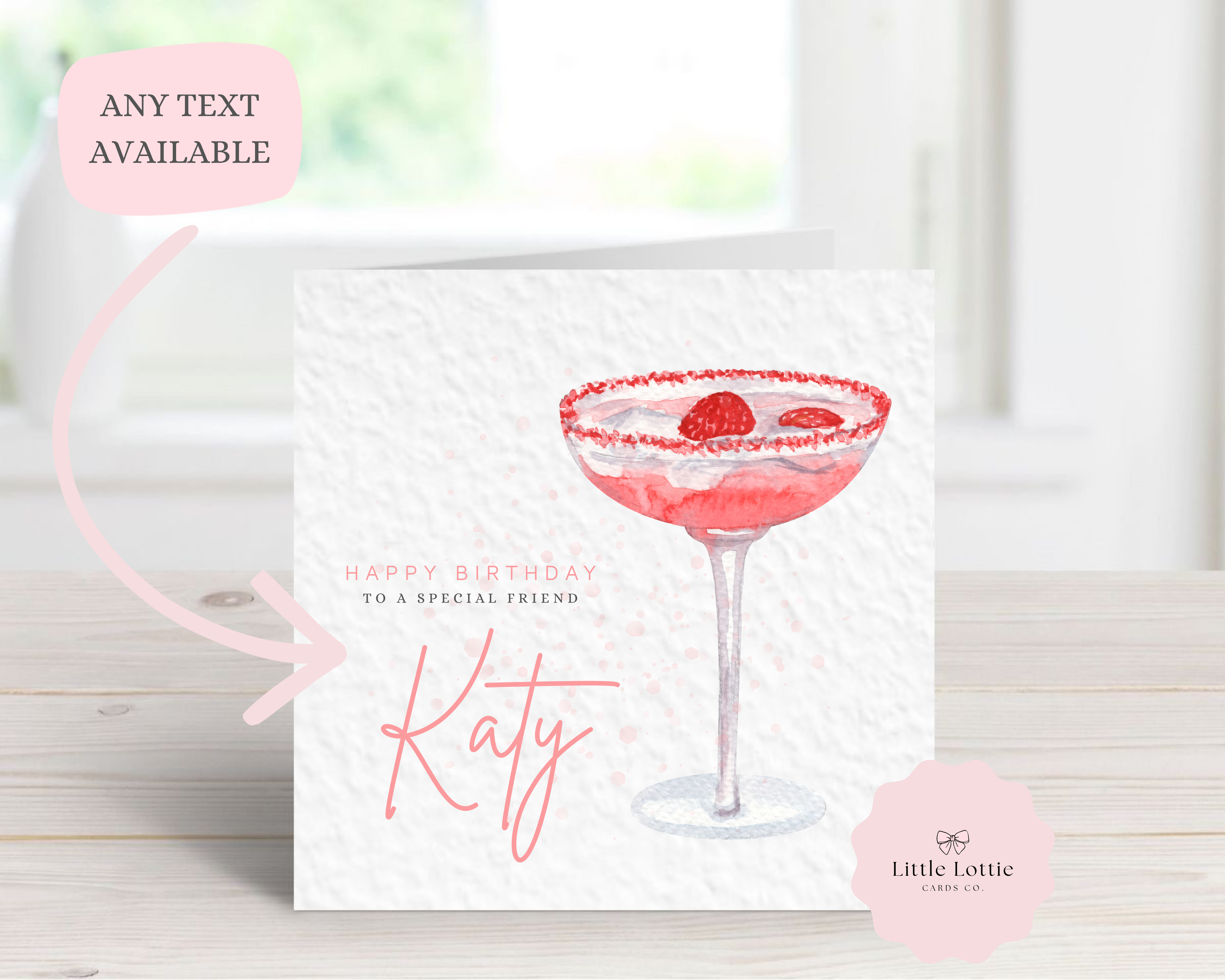 Personalised Strawberry Daiquiri Birthday Card - Any Name & Relation - Luxury Pink Watercolor Cocktail Illustration - Custom "Happy Birthday" Friend Card - Large 6" Square