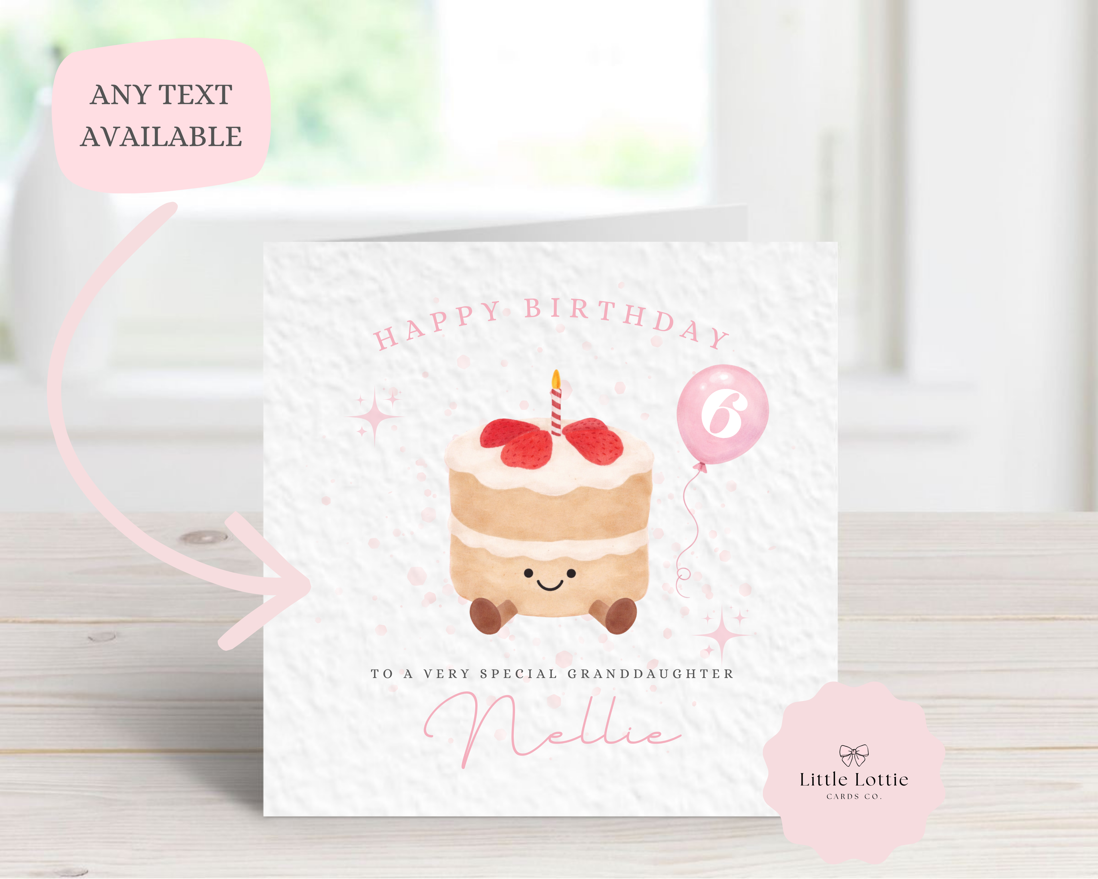 Personalised Children’s Birthday Card - Watercolour Birthday Cake with Pink Balloon - Any Name, Age & Relation - Custom Card for Granddaughter, Daughter, Niece - Large 6" Square