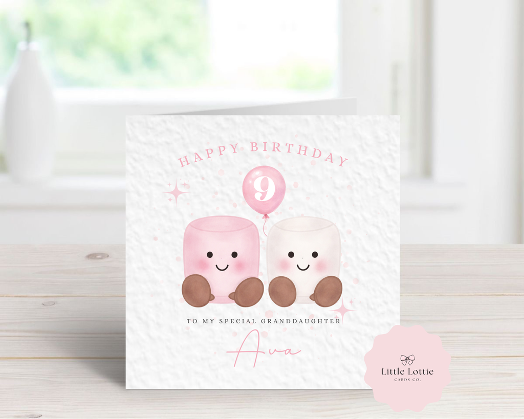 Personalised Marshmallow Birthday Card - Cute Kawaii Food Design - Any Name & Age - Custom Card for Granddaughter, Daughter, Sister - Large 6" Square