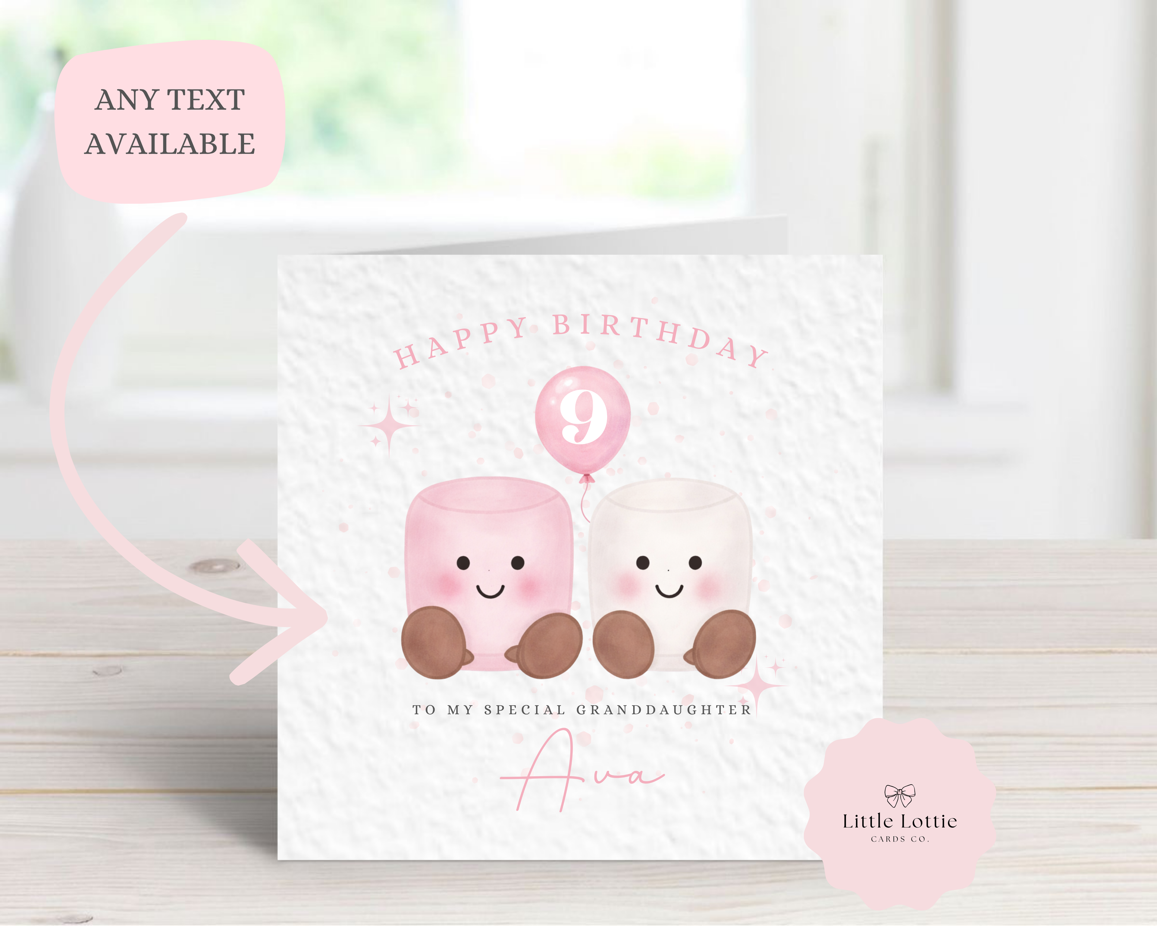 Personalised Marshmallow Birthday Card - Cute Kawaii Food Design - Any Name & Age - Custom Card for Granddaughter, Daughter, Sister - Large 6" Square