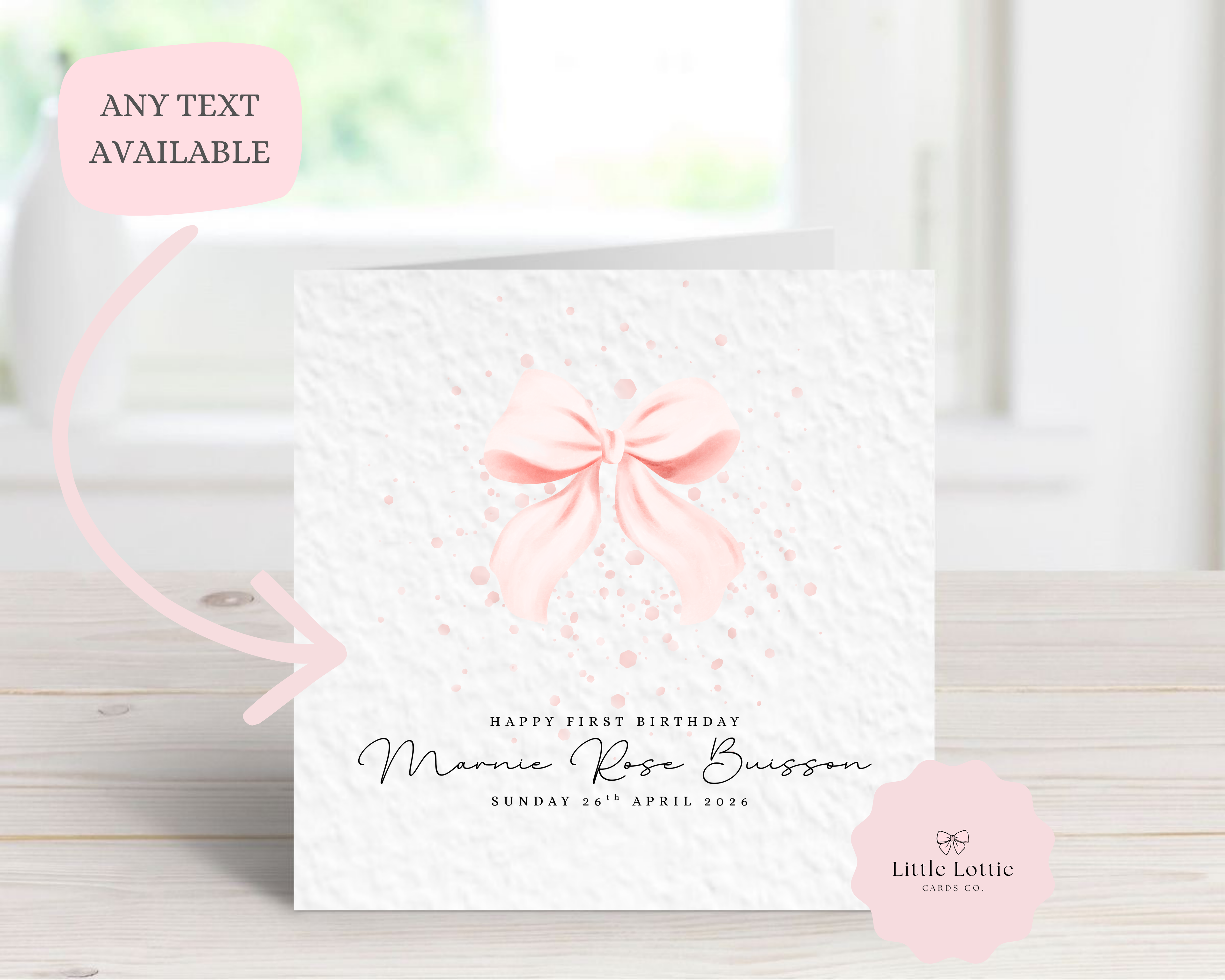 Personalised 1st Birthday Card - Pink Watercolor Bow Illustration - Custom Name & Date - Luxury Card for Daughter, Granddaughter, Niece or New Baby Girl