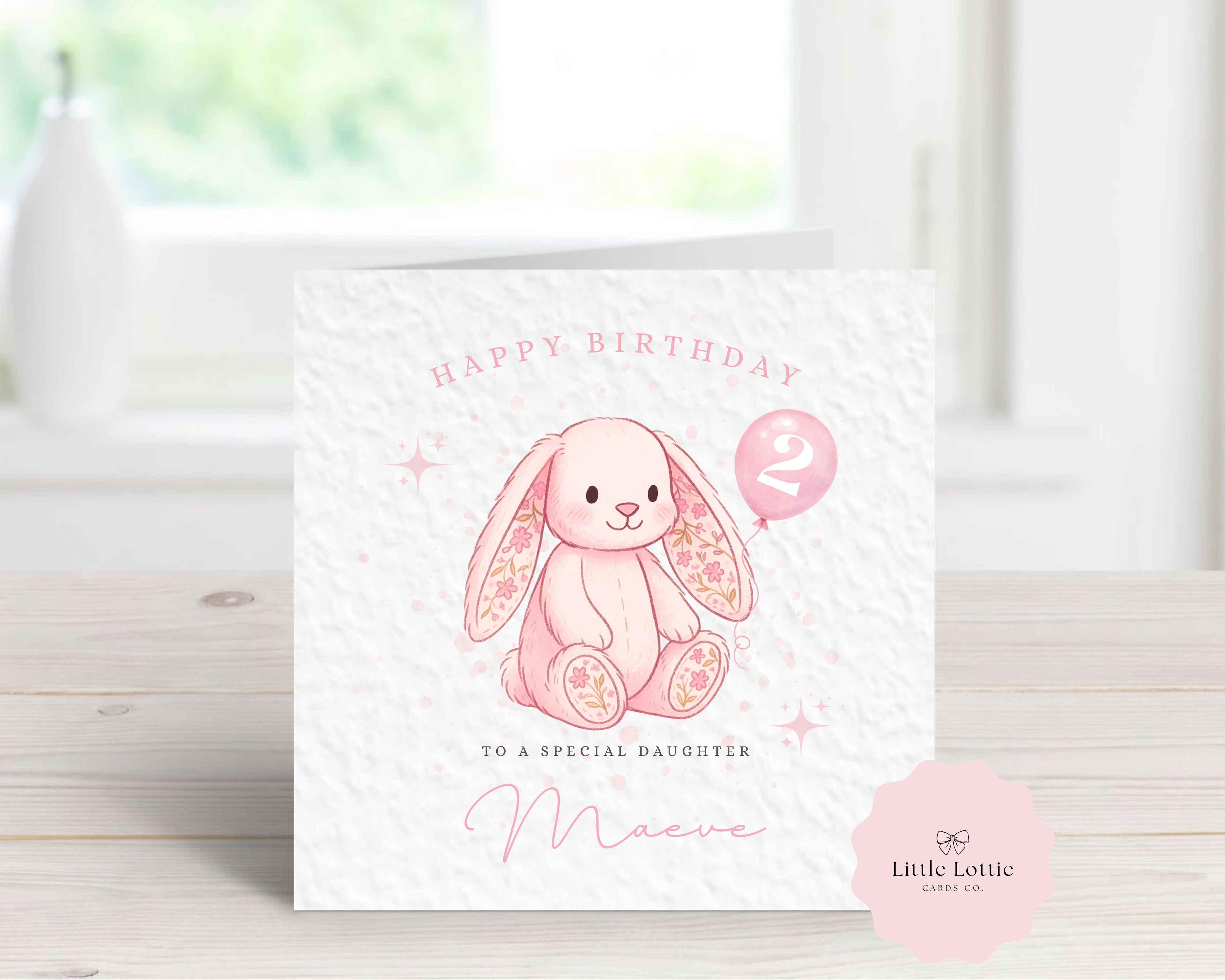 Personalised Children's Birthday Card - Any Name & Age - Cute Watercolor Floral Bunny & Balloon Illustration - Custom Birthday Card for Daughter, Niece, Granddaughter - Large 6" Square