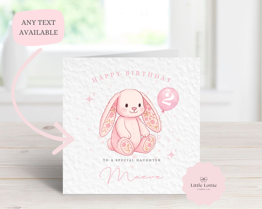 Personalised Children's Birthday Card - Any Name & Age - Cute Watercolor Floral Bunny & Balloon Illustration - Custom Birthday Card for Daughter, Niece, Granddaughter - Large 6" Square