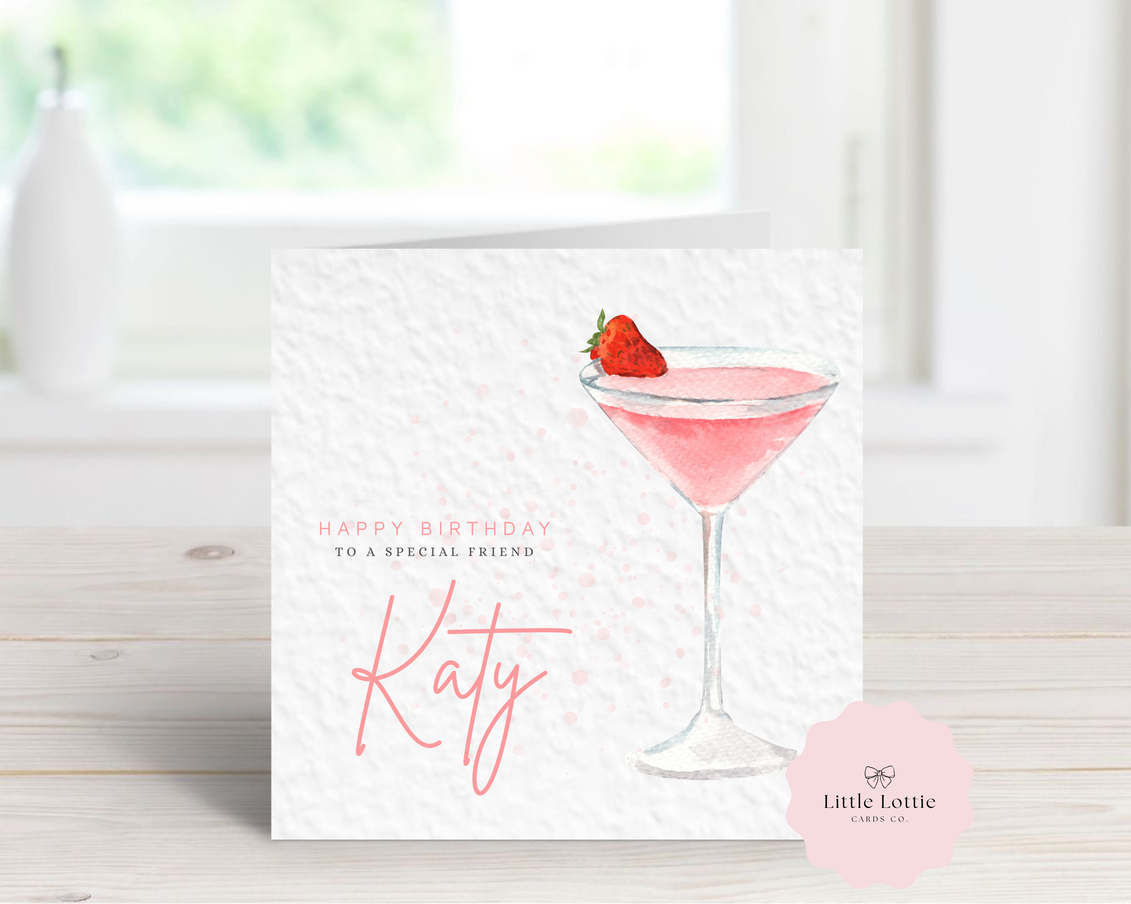 Personalised Strawberry Margarita Birthday Card - Any Name & Relation - Luxury Pink Watercolor Cocktail Illustration - Custom "Happy Birthday" Friend Card - Large 6" Square