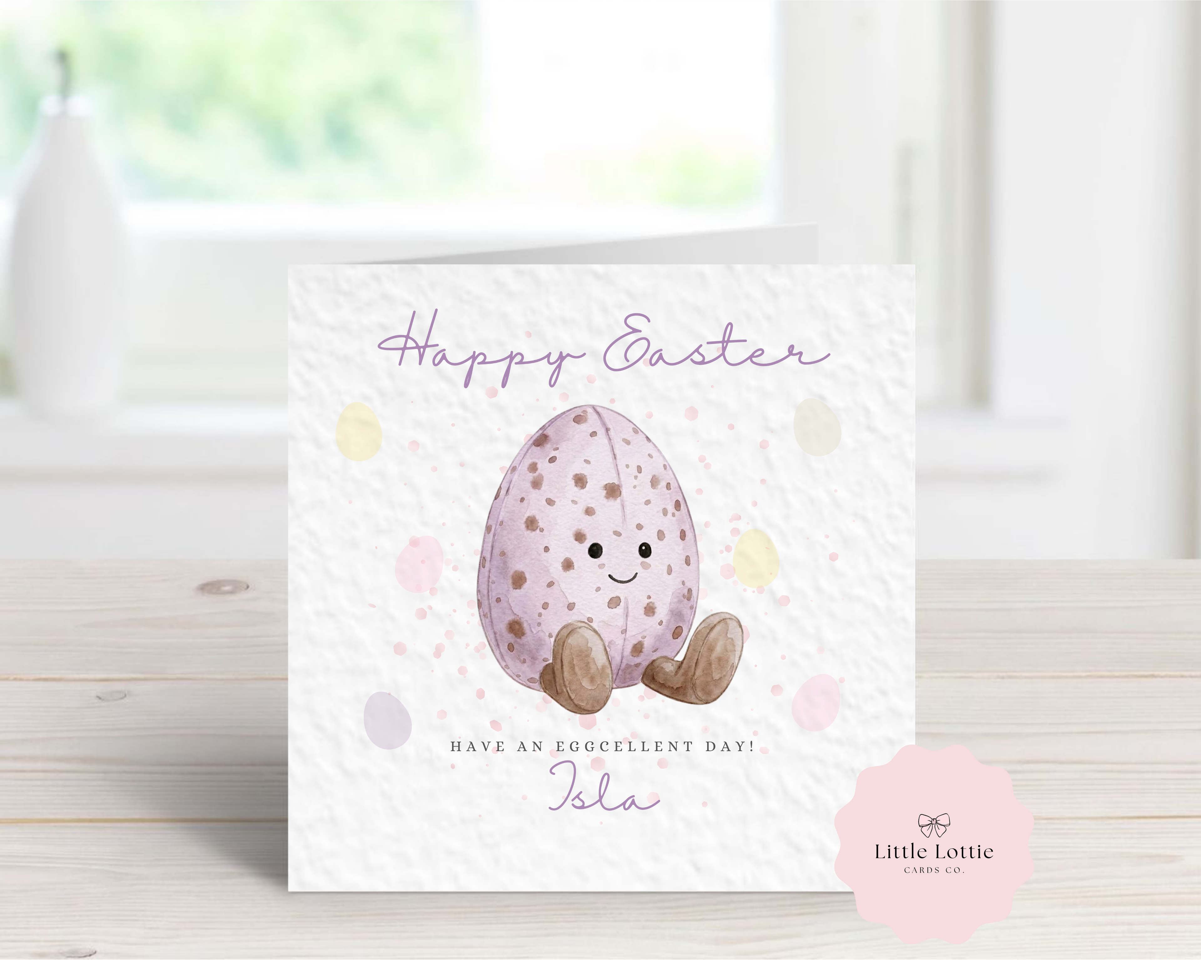 Personalised "Eggcellent Day" Easter Card - Watercolor Purple Speckled Mini Egg Design - Custom Name - Fun Easter Card for Kids, Daughter, Son, Grandchildren - Luxury 6" Square