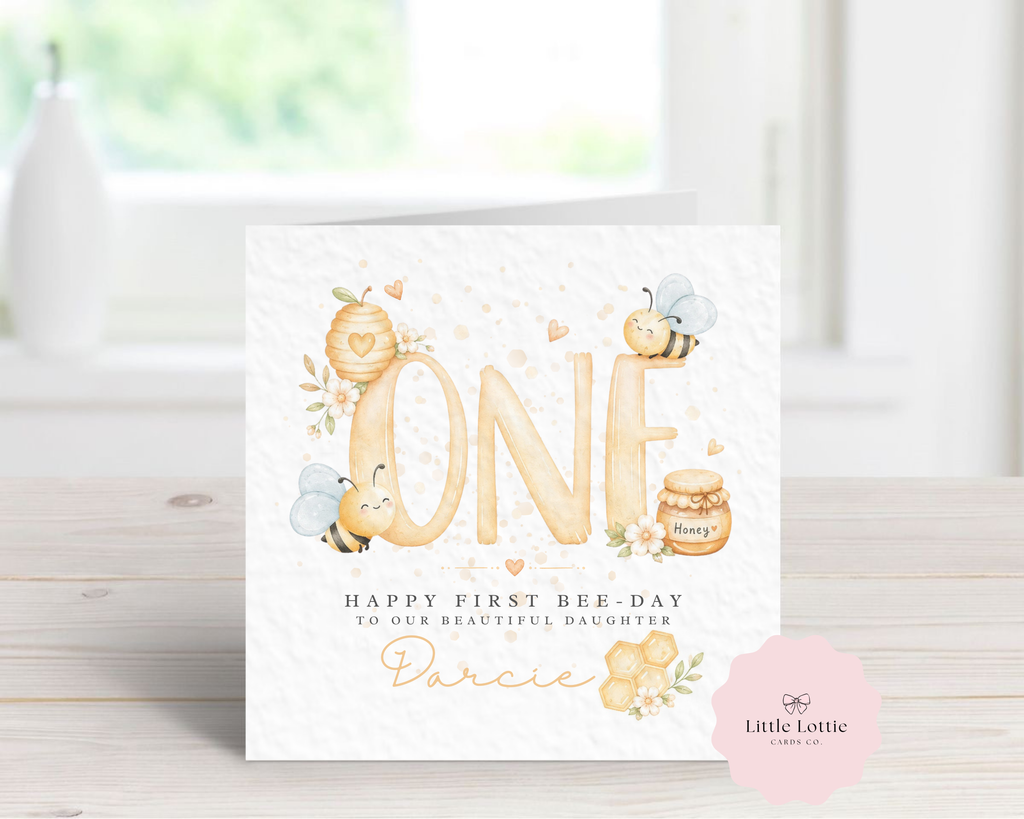 Personalised 1st Birthday Card - "Happy First Bee-Day" Watercolor Bee Theme - Any Name & Relation - Custom First Birthday Card for Daughter, Granddaughter - Large 6" Square