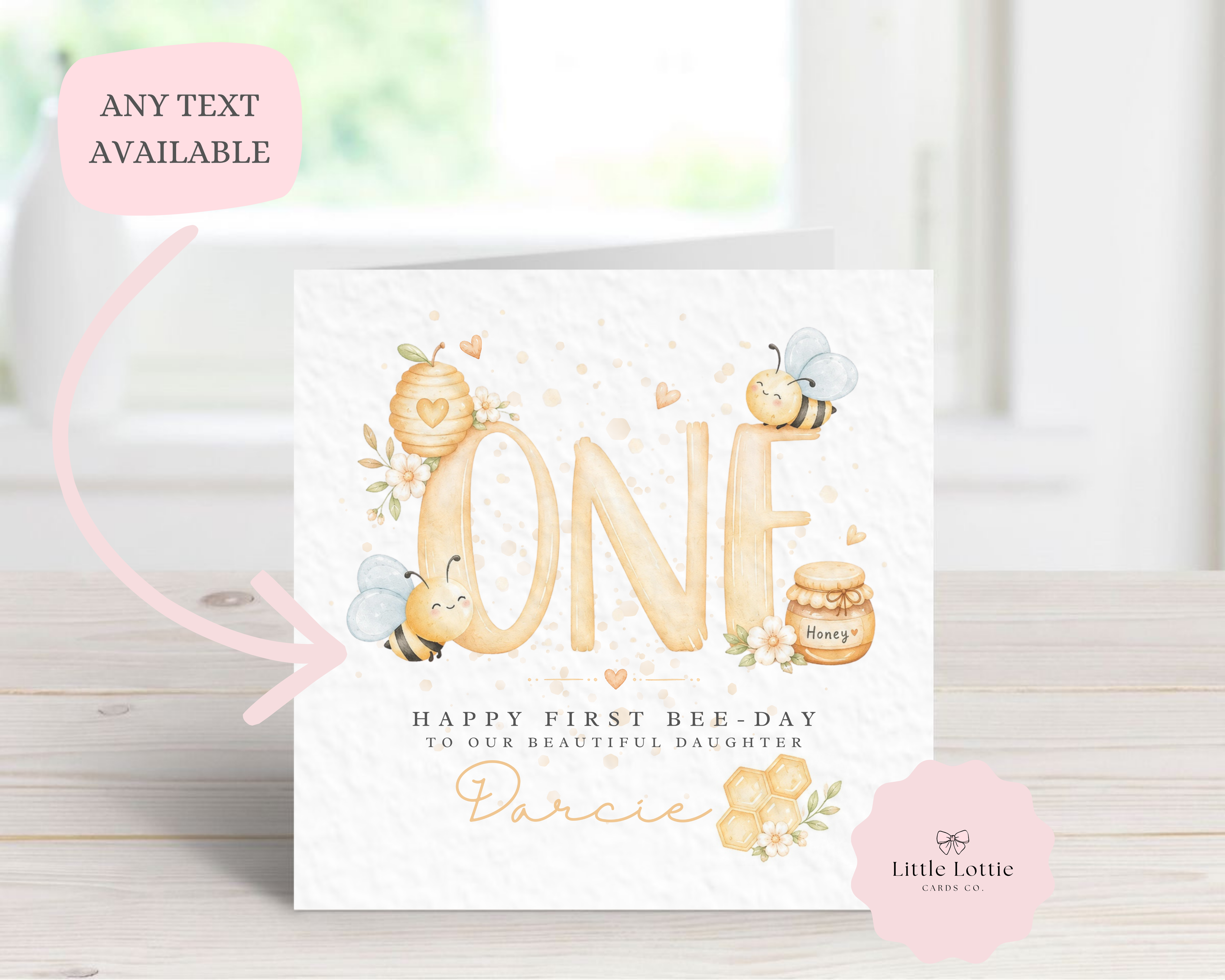 Personalised 1st Birthday Card - "Happy First Bee-Day" Watercolor Bee Theme - Any Name & Relation - Custom First Birthday Card for Daughter, Granddaughter - Large 6" Square