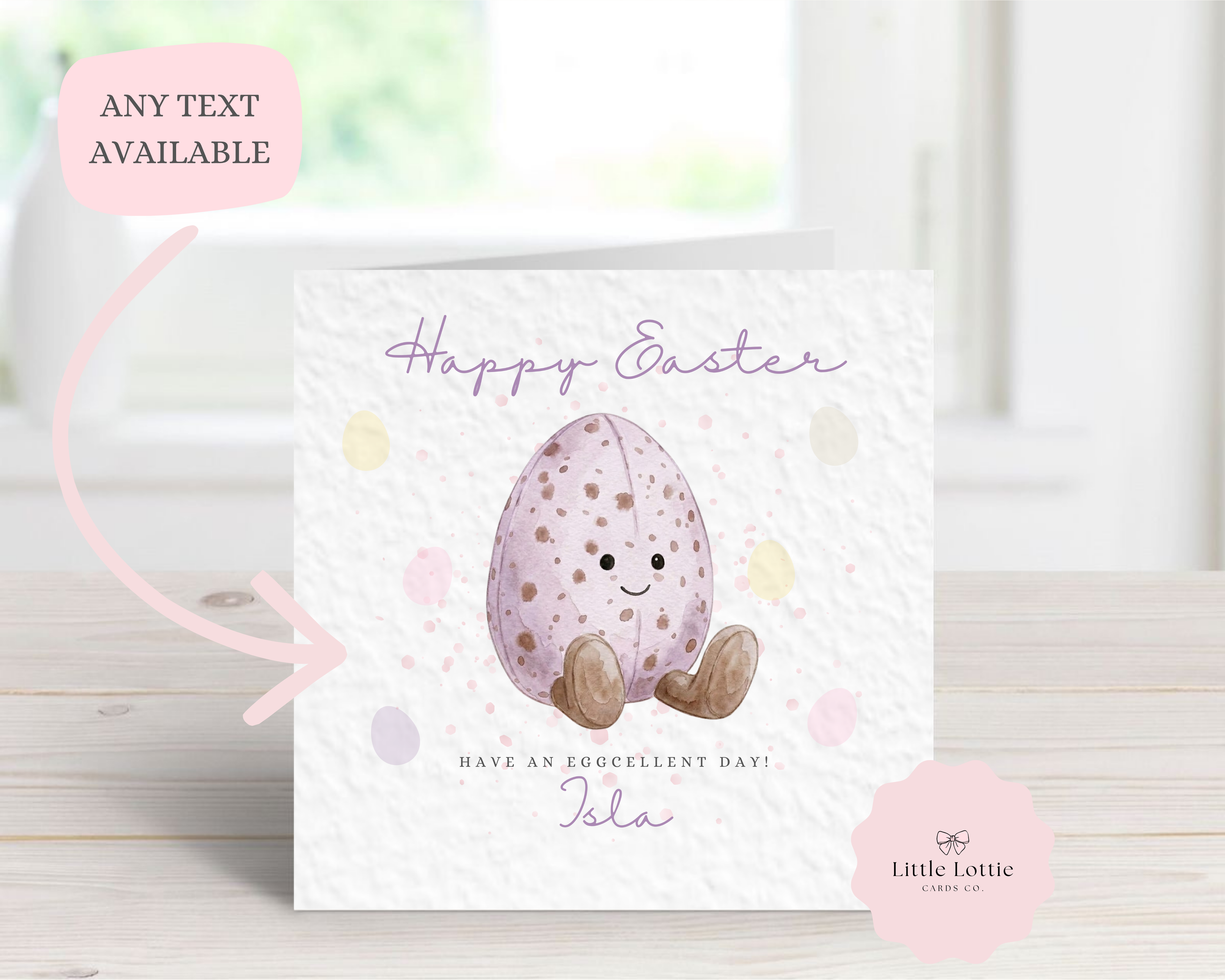 Personalised "Eggcellent Day" Easter Card - Watercolor Purple Speckled Mini Egg Design - Custom Name - Fun Easter Card for Kids, Daughter, Son, Grandchildren - Luxury 6" Square