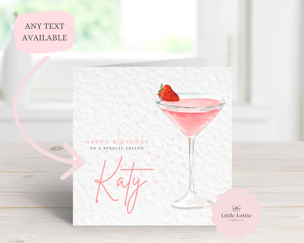 Personalised Strawberry Margarita Birthday Card - Any Name & Relation - Luxury Pink Watercolor Cocktail Illustration - Custom "Happy Birthday" Friend Card - Large 6" Square