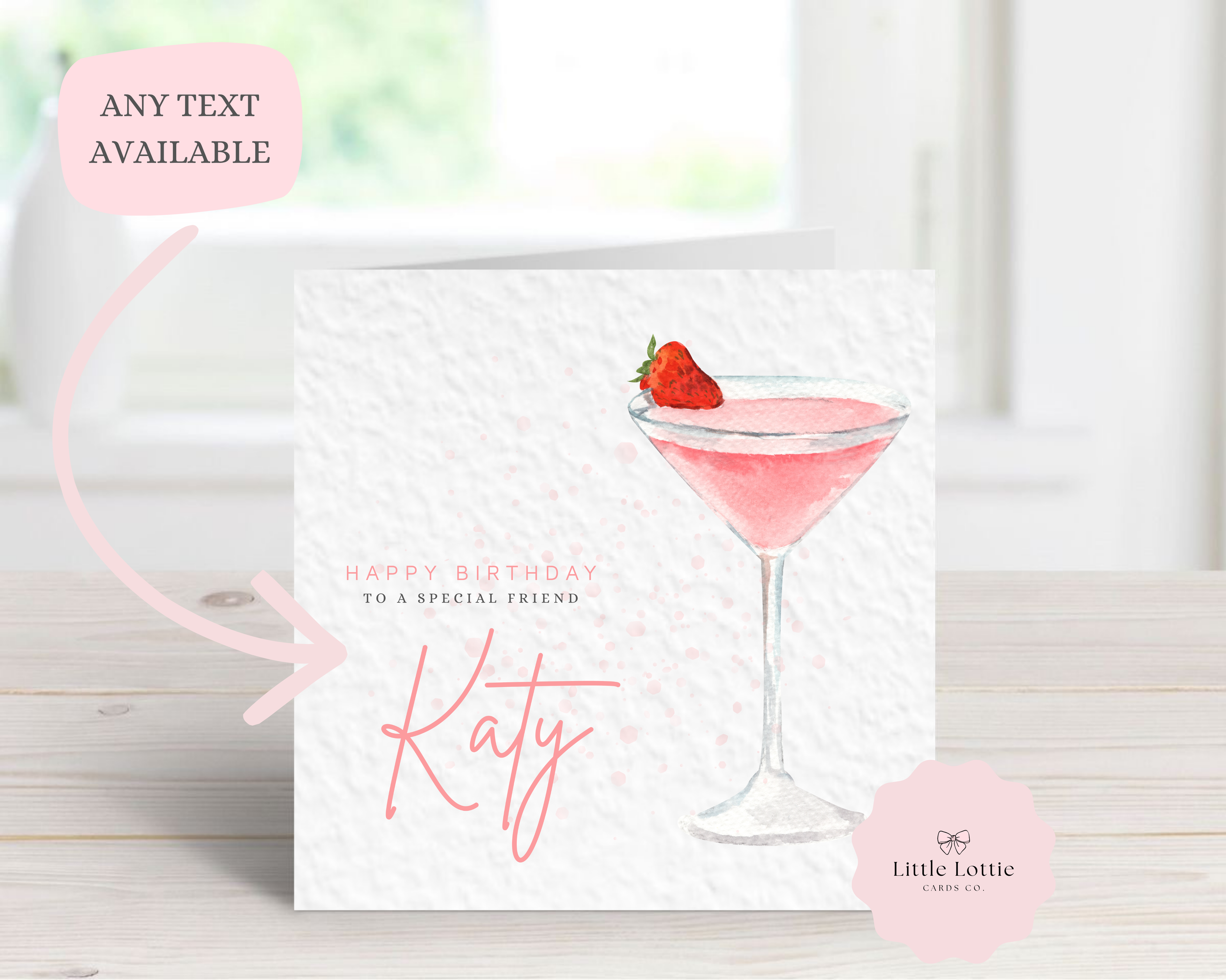 Personalised Strawberry Margarita Birthday Card - Any Name & Relation - Luxury Pink Watercolor Cocktail Illustration - Custom "Happy Birthday" Friend Card - Large 6" Square