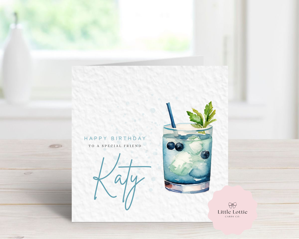 Personalised Blueberry Mojito Birthday Card - Any Name & Relation - Luxury Blue Watercolour Cocktail Illustration - Custom "Happy Birthday" Friend Card - Large 6" Square