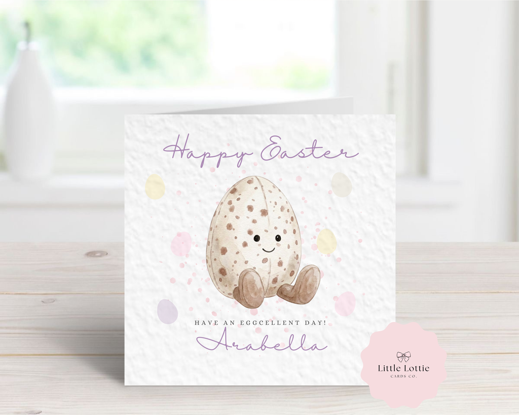 Personalised "Eggcellent Day" Easter Card - White Watercolor Mini Egg Design - Any Text Available - Custom Name - Fun Easter Card for Kids, Grandchildren - Luxury 6" Square