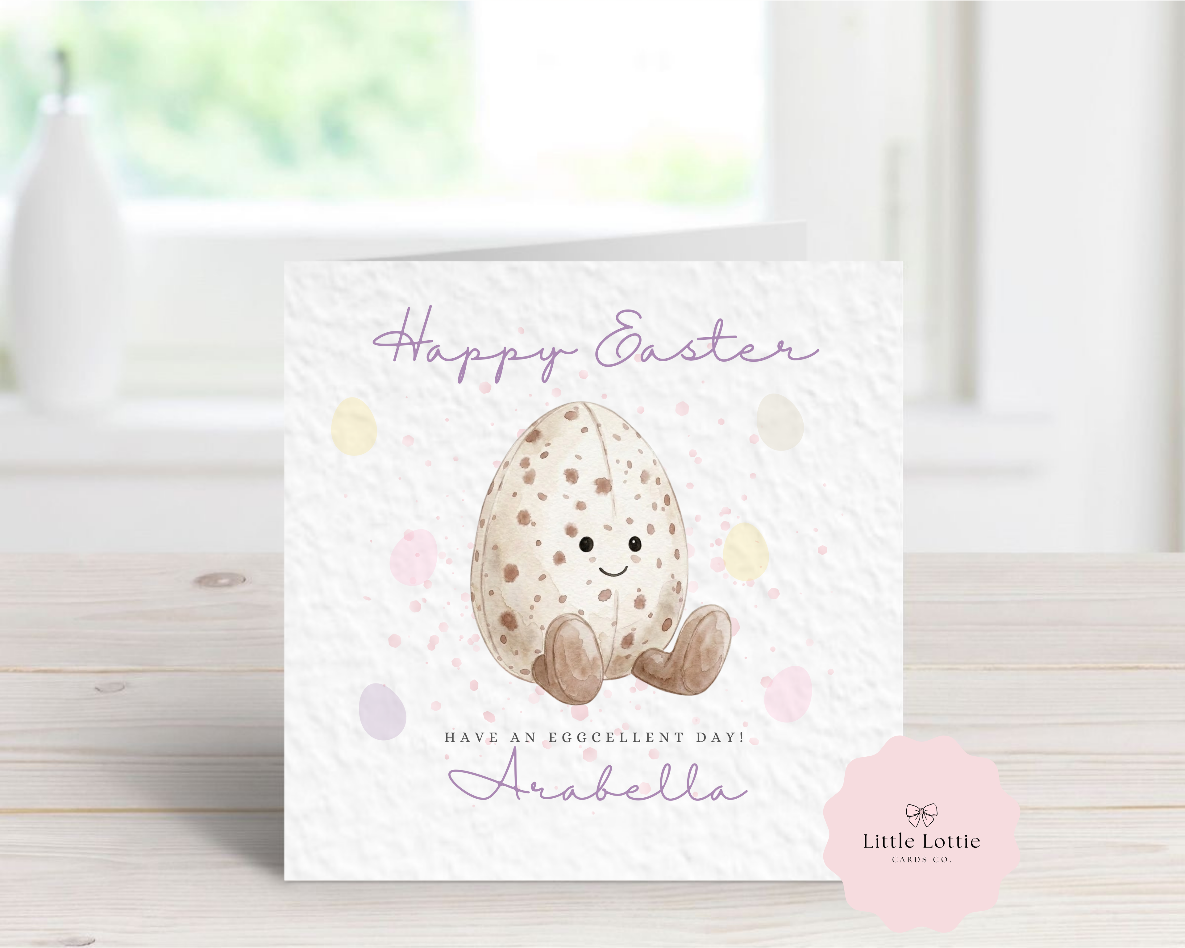 Personalised "Eggcellent Day" Easter Card - White Watercolor Mini Egg Design - Any Text Available - Custom Name - Fun Easter Card for Kids, Grandchildren - Luxury 6" Square