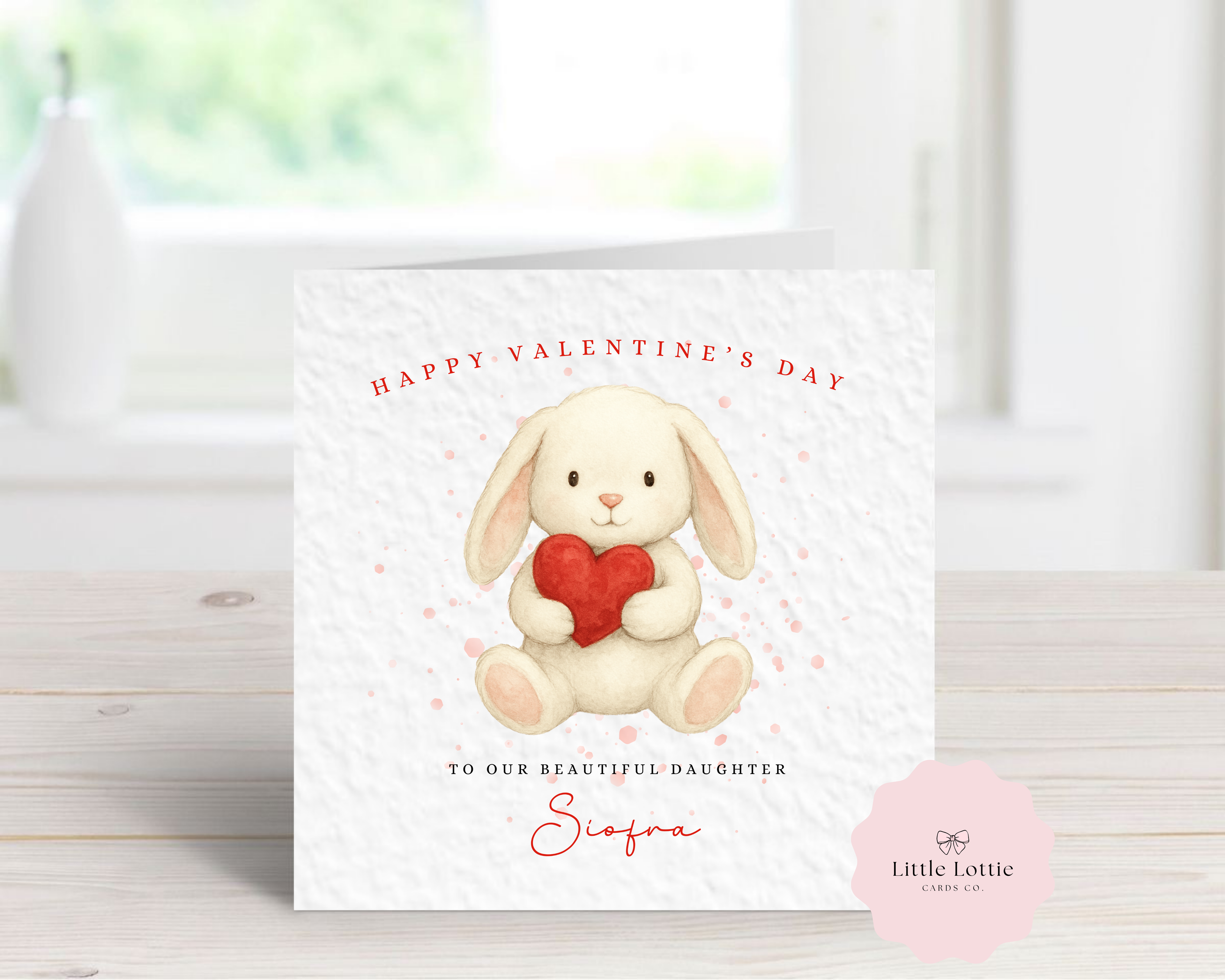 Personalised Valentine’s Day Card - Cute Watercolor Bunny Rabbit with Red Heart - Any Name & Relation - Custom Card for Daughter, Son, Granddaughter or Niece