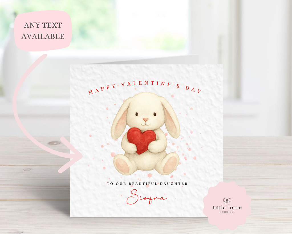 Personalised Valentine’s Day Card - Cute Watercolor Bunny Rabbit with Red Heart - Any Name & Relation - Custom Card for Daughter, Son, Granddaughter or Niece