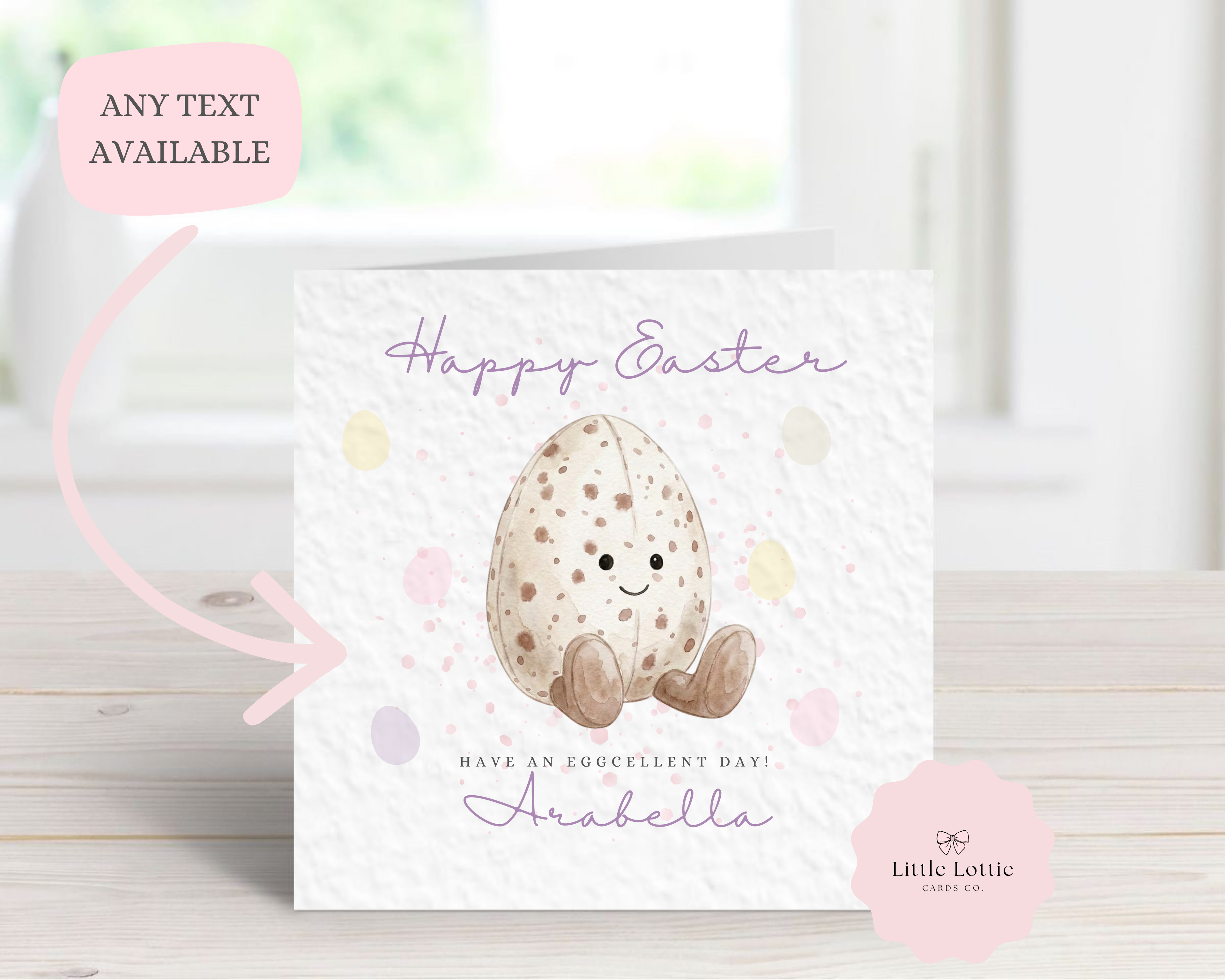Personalised "Eggcellent Day" Easter Card - White Watercolor Mini Egg Design - Any Text Available - Custom Name - Fun Easter Card for Kids, Grandchildren - Luxury 6" Square