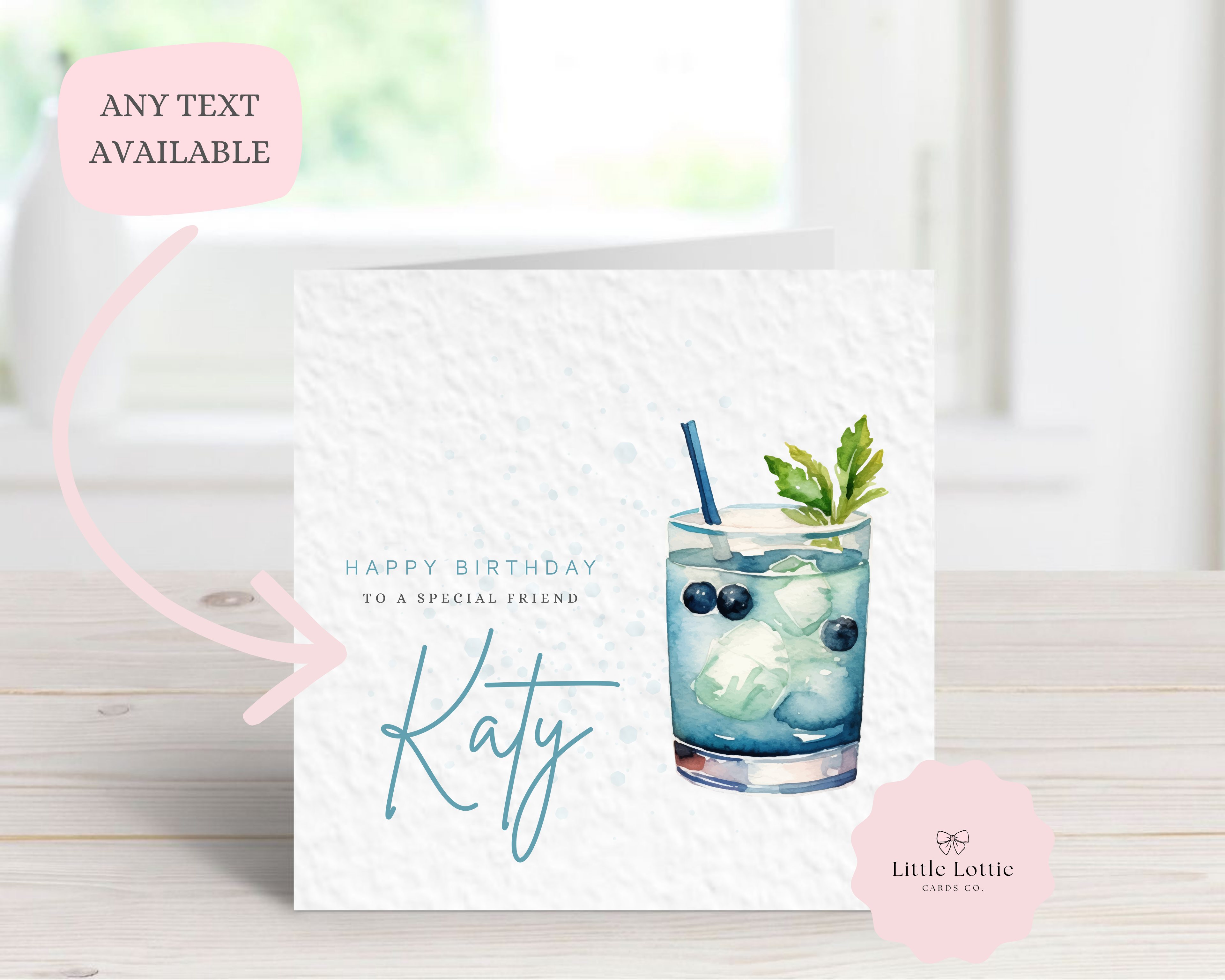Personalised Blueberry Mojito Birthday Card - Any Name & Relation - Luxury Blue Watercolour Cocktail Illustration - Custom "Happy Birthday" Friend Card - Large 6" Square